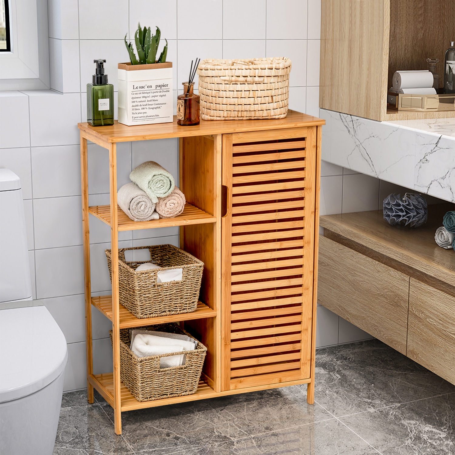 Topbuy Bathroom Storage Cabinet Bamboo Floor Cabinet Free Standing Organizer with Single Door & 3 Open Shelves