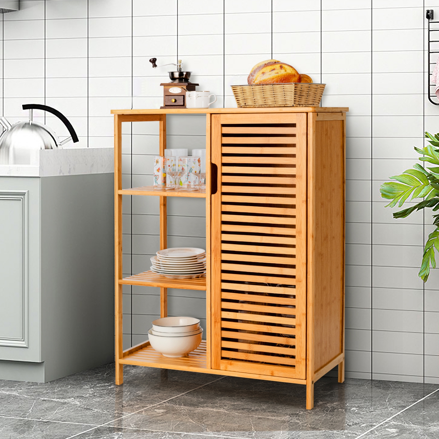Topbuy Bathroom Storage Cabinet Bamboo Floor Cabinet Free Standing Organizer with Single Door & 3 Open Shelves