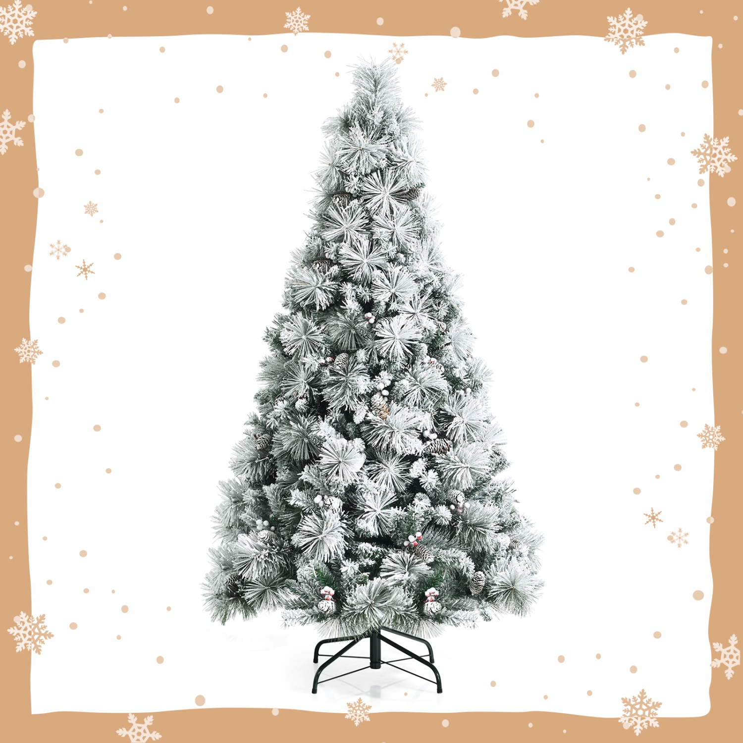 Topbuy 6/7/8ft Snow Flocked Christmas Tree Full-bodied Hinged Xmas Tree w/ Glittery Pine Cones Holiday Festival Supplies