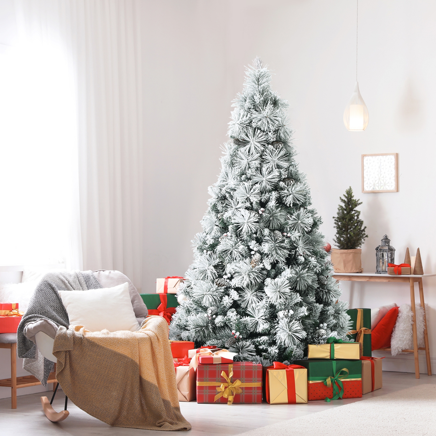 Topbuy 6/7/8ft Snow Flocked Christmas Tree Full-bodied Hinged Xmas Tree w/ Glittery Pine Cones Holiday Festival Supplies