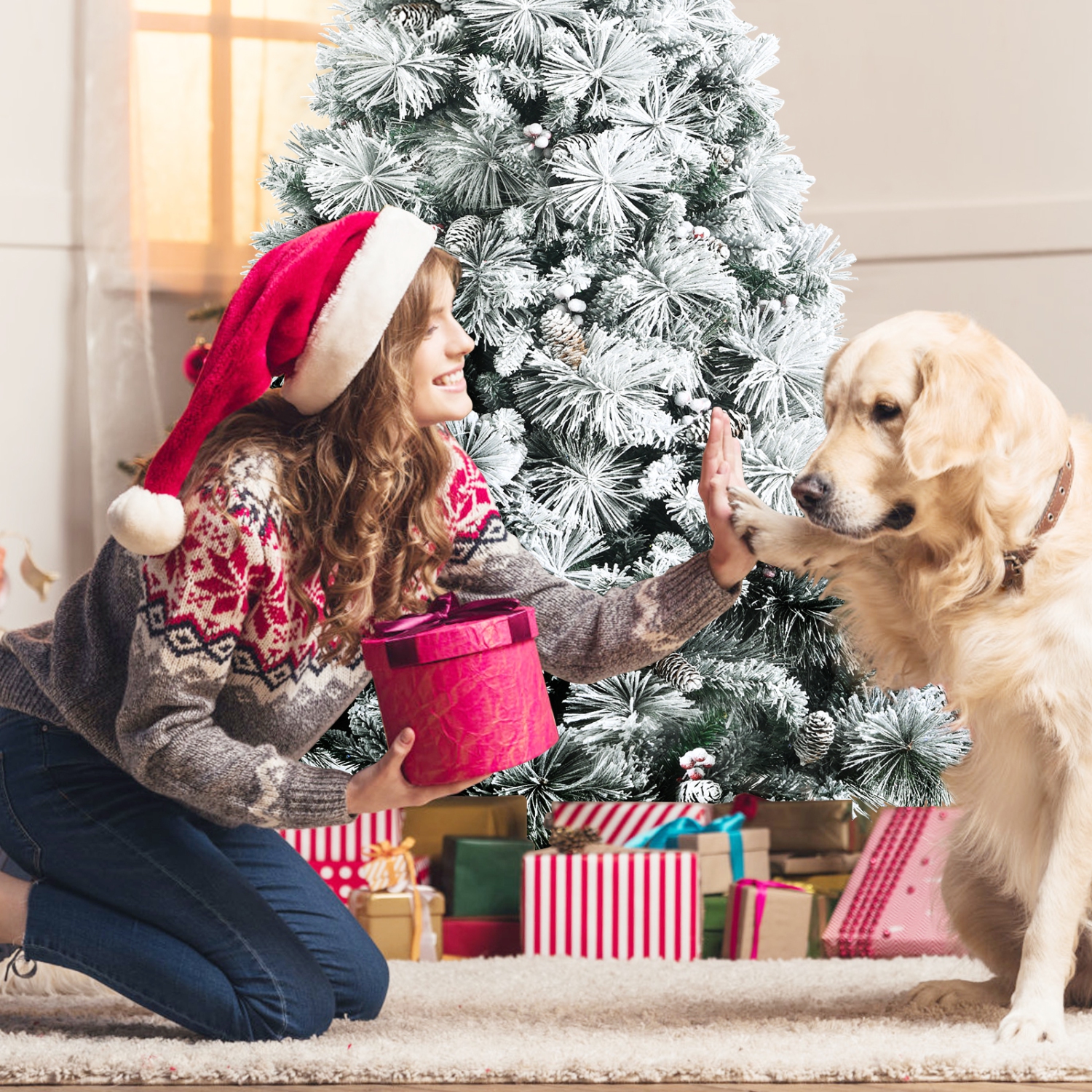 Topbuy 6/7/8ft Snow Flocked Christmas Tree Full-bodied Hinged Xmas Tree w/ Glittery Pine Cones Holiday Festival Supplies