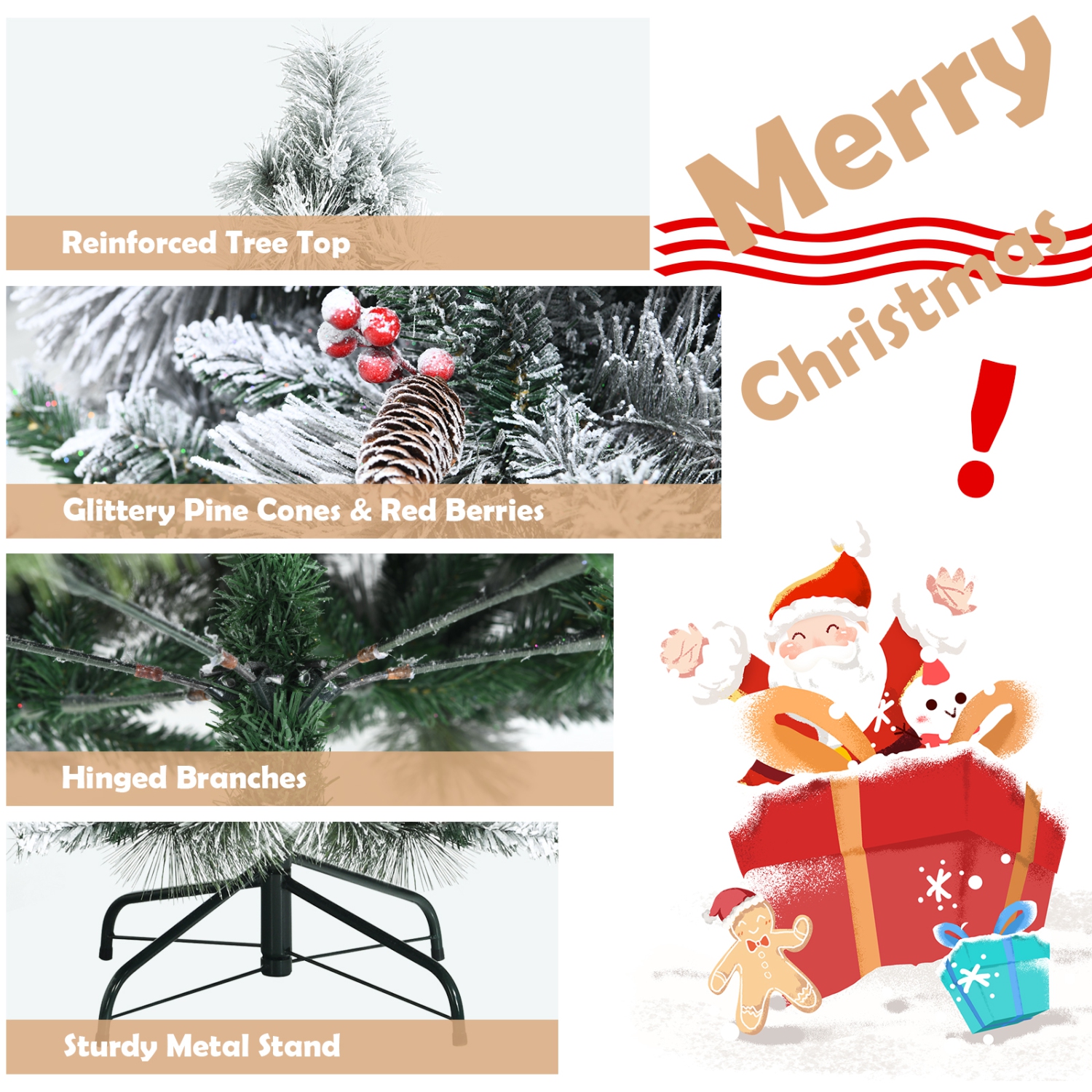 Topbuy 6/7/8ft Snow Flocked Christmas Tree Full-bodied Hinged Xmas Tree w/ Glittery Pine Cones Holiday Festival Supplies