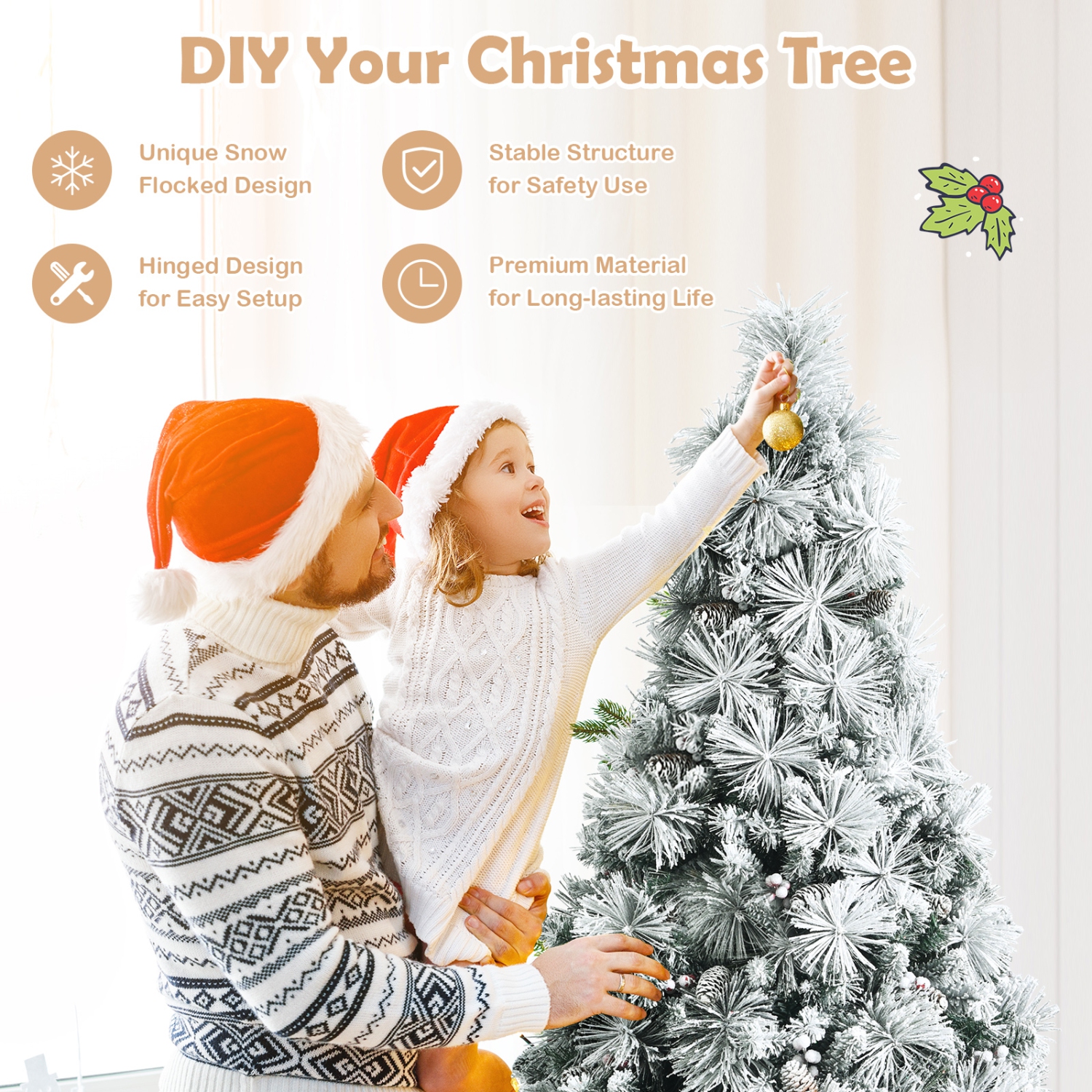 Topbuy 6/7/8ft Snow Flocked Christmas Tree Full-bodied Hinged Xmas Tree w/ Glittery Pine Cones Holiday Festival Supplies