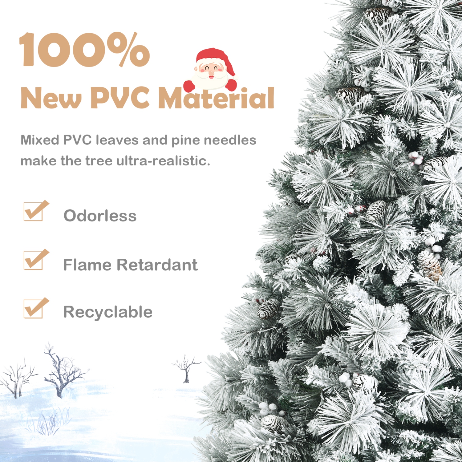 Topbuy 6/7/8ft Snow Flocked Christmas Tree Full-bodied Hinged Xmas Tree w/ Glittery Pine Cones Holiday Festival Supplies