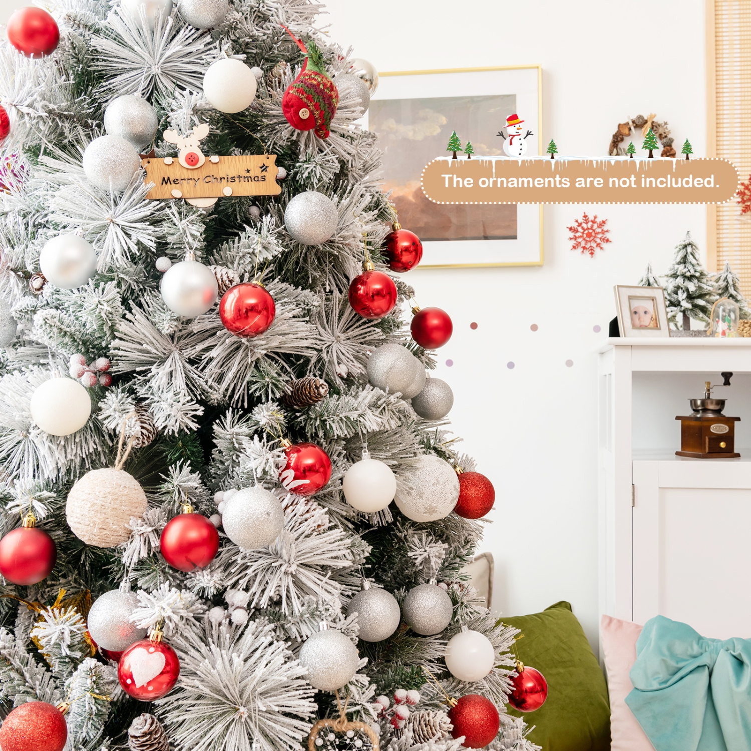 Topbuy 6/7/8ft Snow Flocked Christmas Tree Full-bodied Hinged Xmas Tree w/ Glittery Pine Cones Holiday Festival Supplies