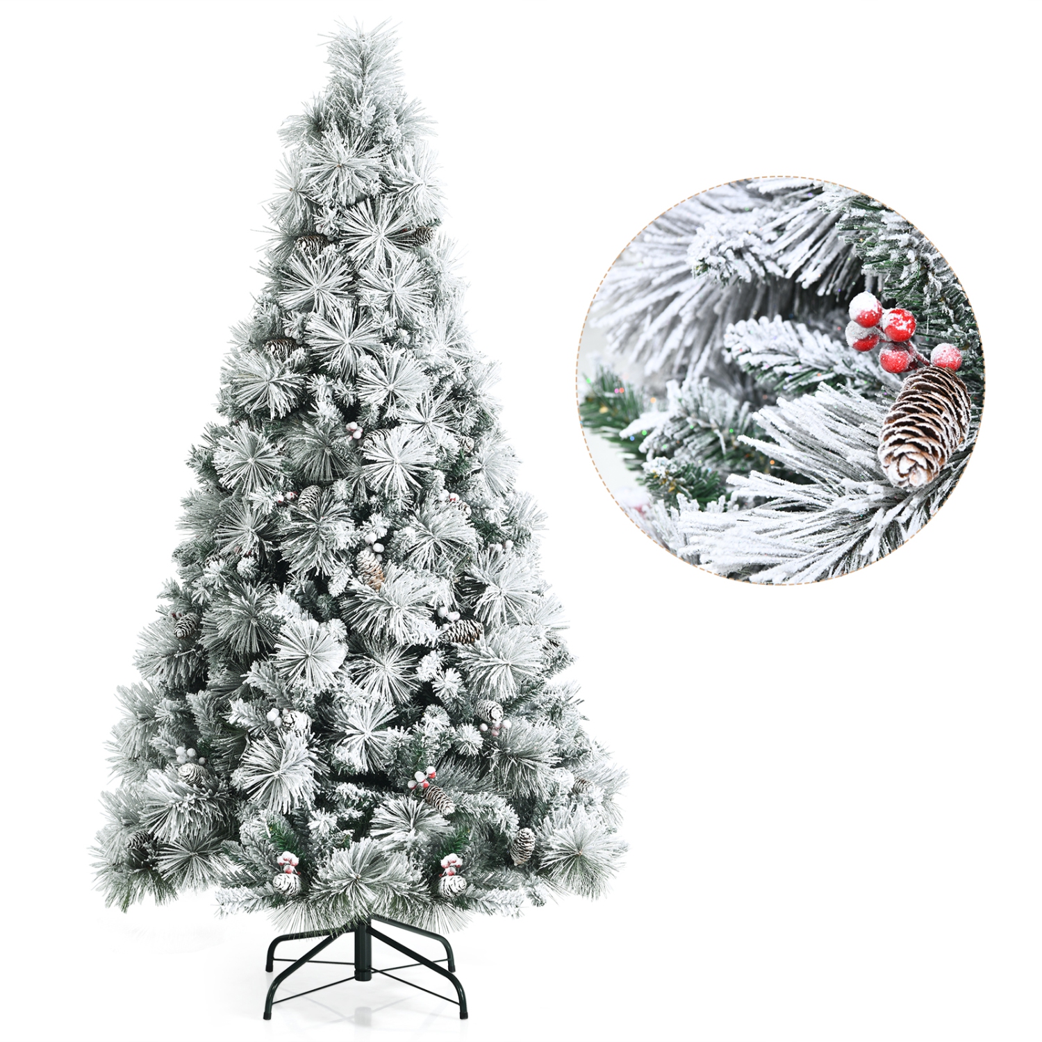 Topbuy 6/7/8ft Snow Flocked Christmas Tree Full-bodied Hinged Xmas Tree w/ Glittery Pine Cones Holiday Festival Supplies
