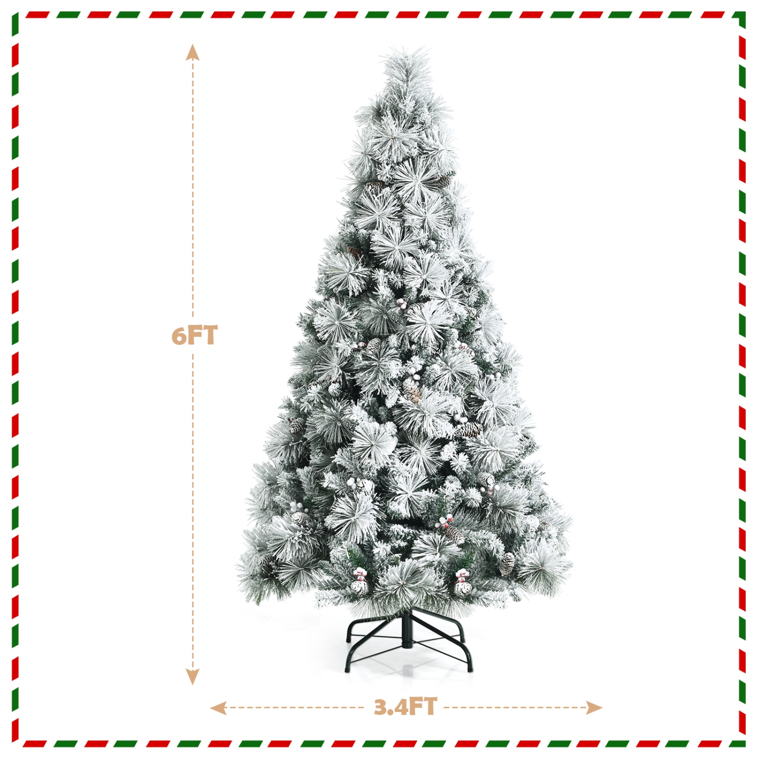 Topbuy 6/7/8ft Snow Flocked Christmas Tree Full-bodied Hinged Xmas Tree w/ Glittery Pine Cones Holiday Festival Supplies