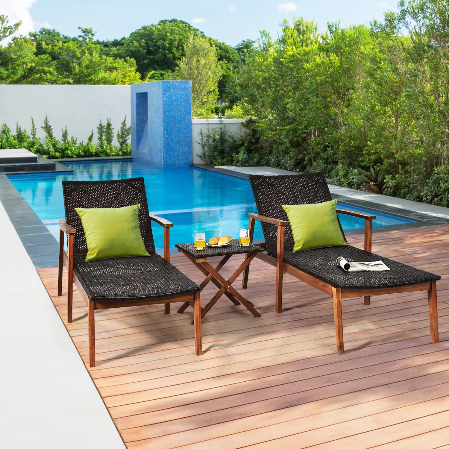 Patiojoy 3PCS Chaise Lounge Set 4-Level Folding Chaise Lounge Adjustable Outdoor Beach with Wicker Side Table