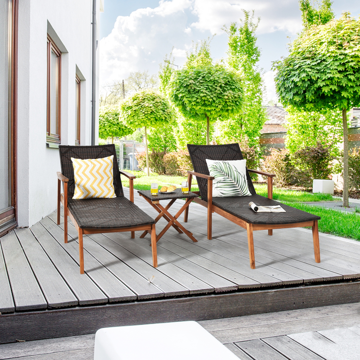 Patiojoy 3PCS Chaise Lounge Set 4-Level Folding Chaise Lounge Adjustable Outdoor Beach with Wicker Side Table