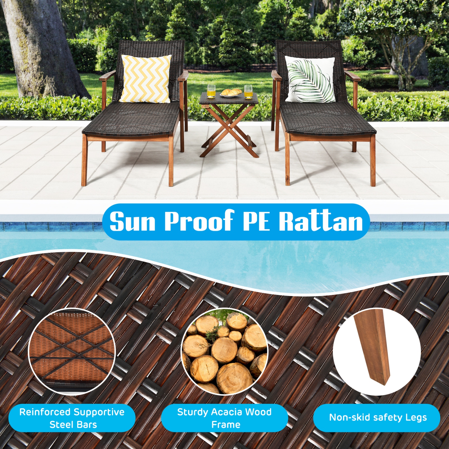 Patiojoy 3PCS Chaise Lounge Set 4-Level Folding Chaise Lounge Adjustable Outdoor Beach with Wicker Side Table