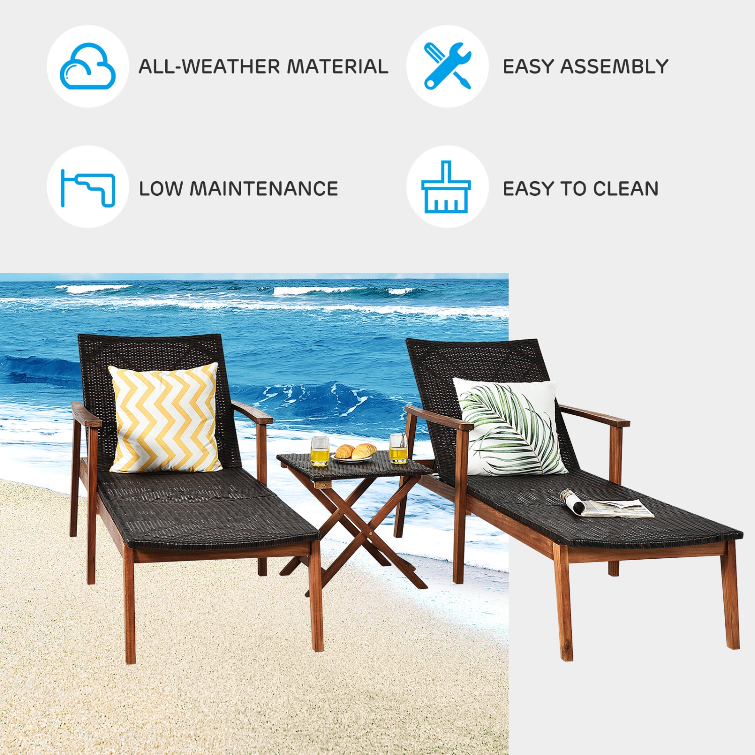 Patiojoy 3PCS Chaise Lounge Set 4-Level Folding Chaise Lounge Adjustable Outdoor Beach with Wicker Side Table