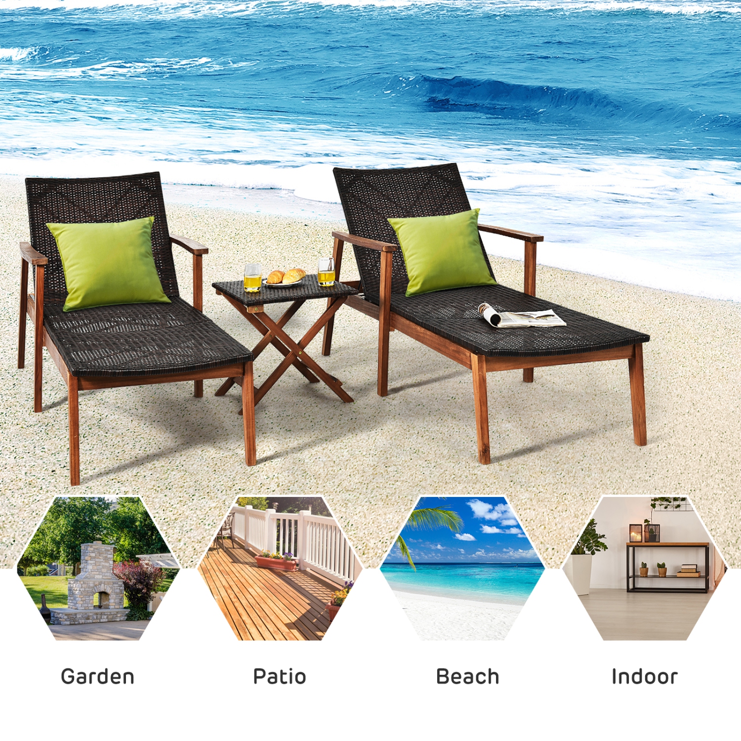 Patiojoy 3PCS Chaise Lounge Set 4-Level Folding Chaise Lounge Adjustable Outdoor Beach with Wicker Side Table