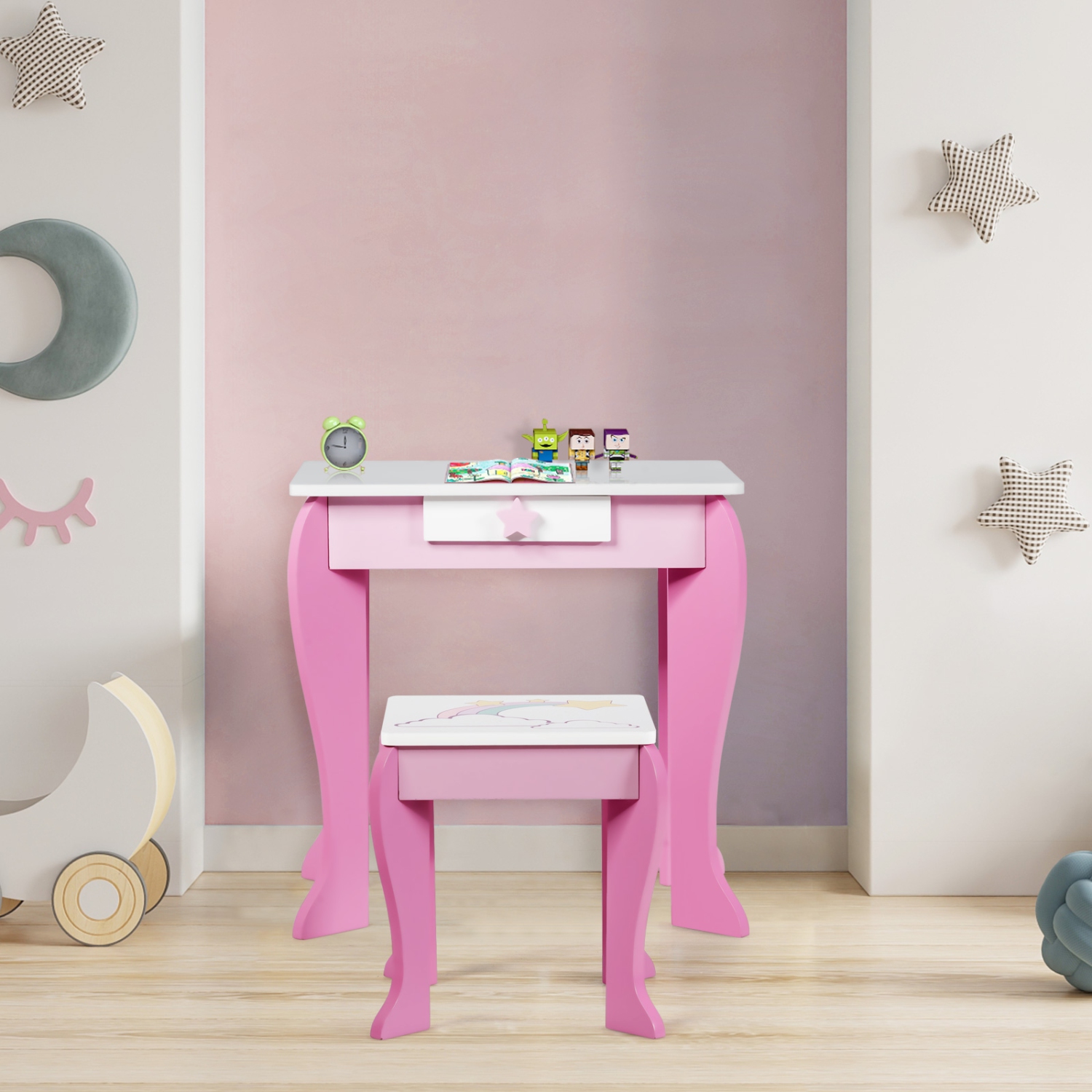 Topbuy 2-in-1 Kids Vanity Set Makeup Table & Chair Set for Toddlers w/Detachable Mirror Pink/White
