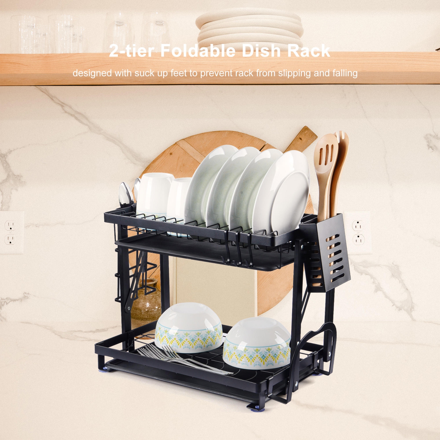 2-Tier Foldable Dish Rack, Drying Rack Organizer with Drain Board Utensil Holder for Kitchen Counter