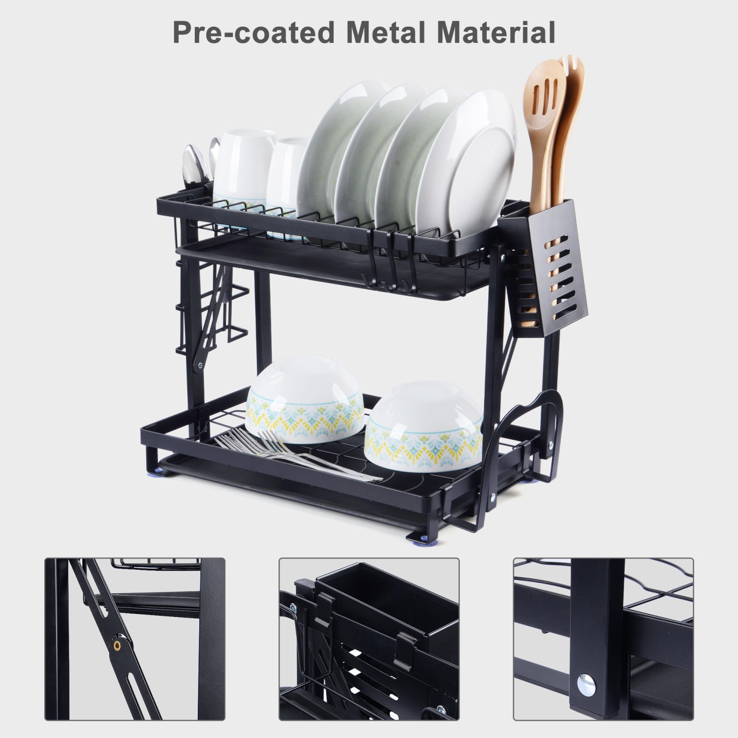 2-Tier Foldable Dish Rack, Drying Rack Organizer with Drain Board Utensil Holder for Kitchen Counter