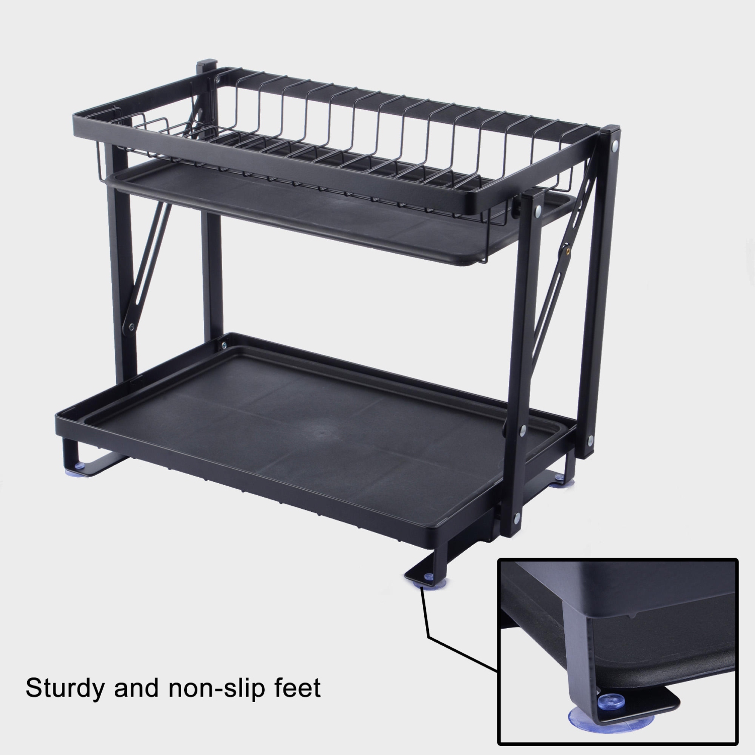 2-Tier Foldable Dish Rack, Drying Rack Organizer with Drain Board Utensil Holder for Kitchen Counter