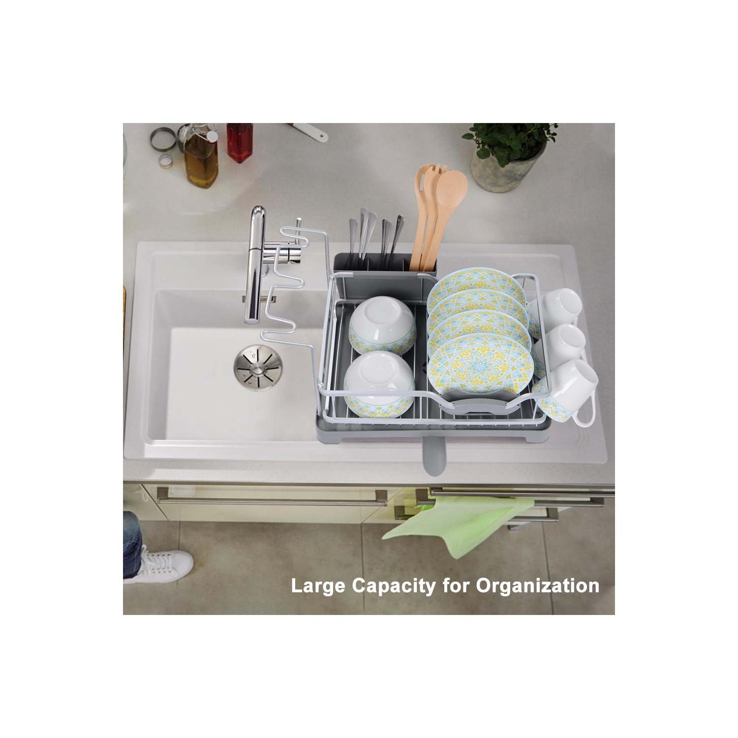 Support de séchage pour égouttoir à vaisselle en aluminium, rangement pour égouttoir à vaisselle de cuisine avec porte-couverts et porte-verre à vin