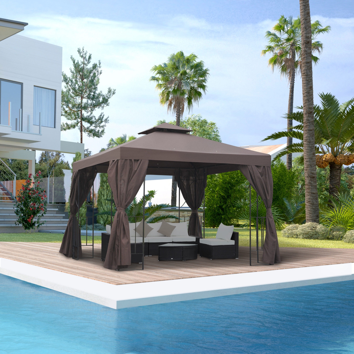 Outsunny 10' x 10' Patio Gazebo Outdoor, Canopy Shelter with Double-tier Roof, Pavilion Sidewalls for Garden Events, Brown