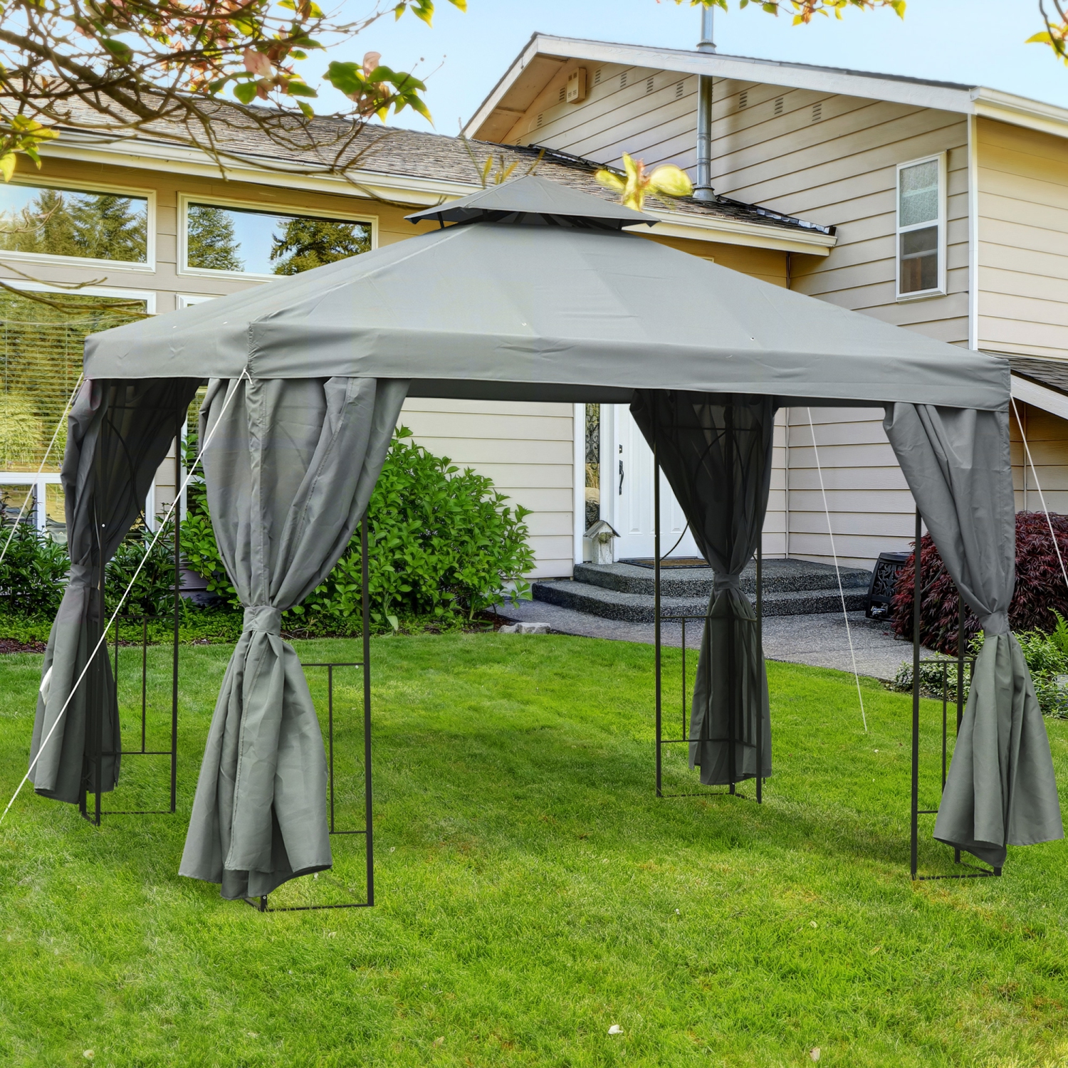 Outsunny 10' x 10' Patio Gazebo Outdoor, Canopy Shelter with Double-tier Roof, Pavilion Sidewalls for Garden Events, Dark Grey