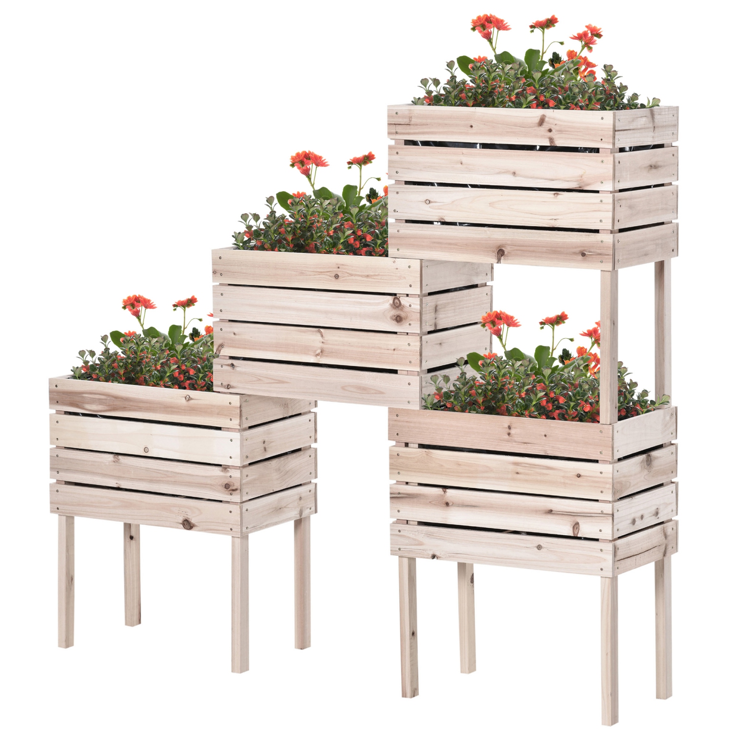 Outsunny 4PCS Wooden Raised Beds for Garden, DIY Shape Elevated Planter Box Kit with Bed Liner for Flowers Vegetables, Outdoor Indoor Planting Box Container