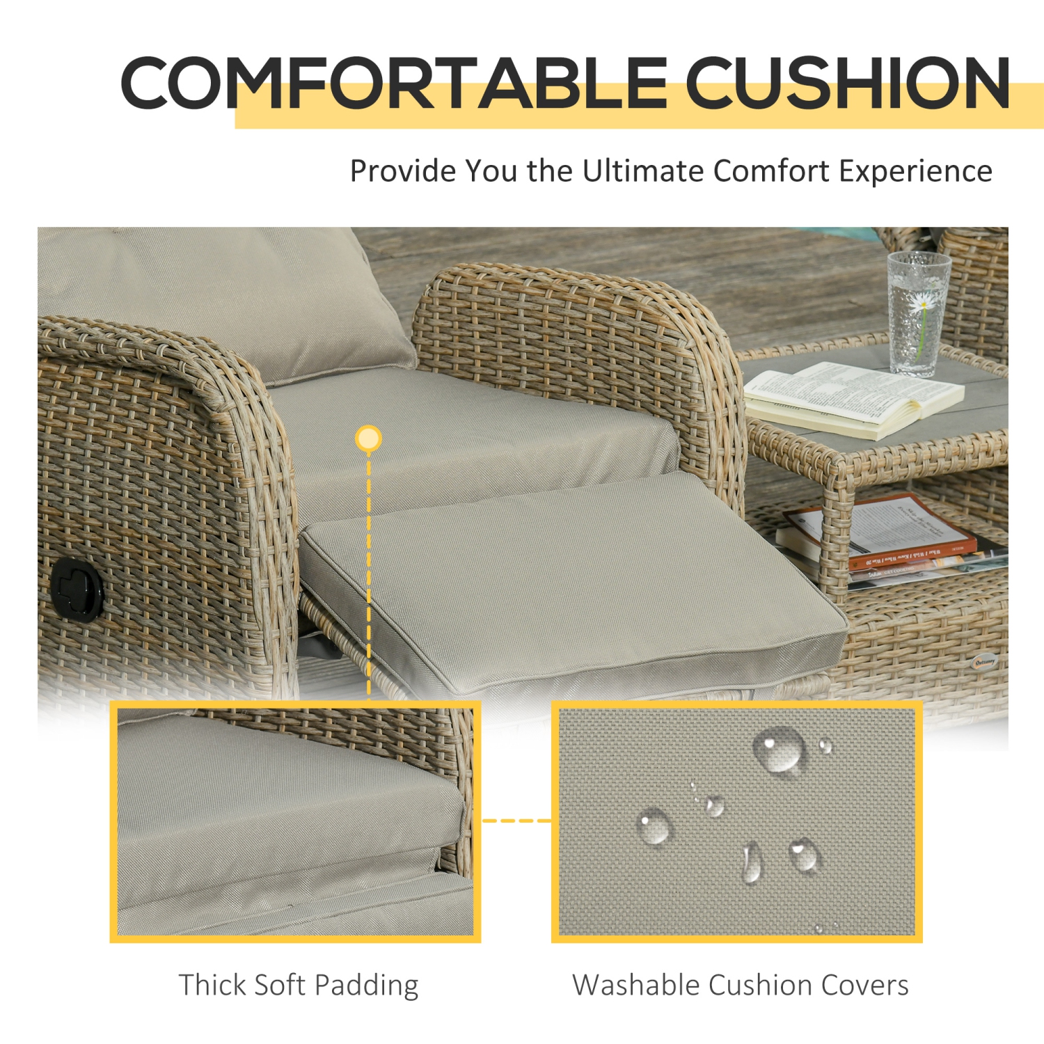 Ensemble patio de 3 pièces avec ensemble bistro en aluminium et cadre en rotin Outsunny en osier PE, avec chaise inclinable rembourrée, table basse