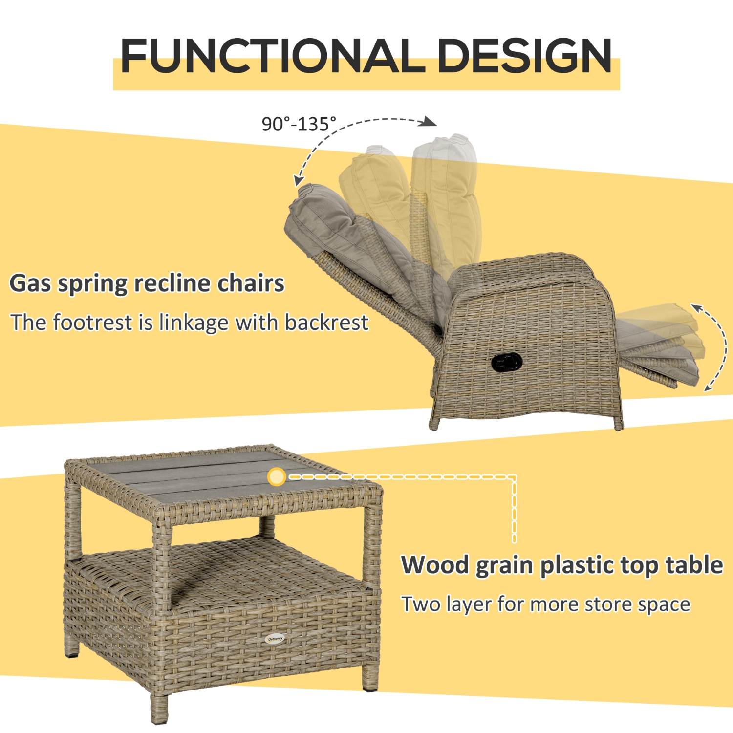 Ensemble patio de 3 pièces avec ensemble bistro en aluminium et cadre en rotin Outsunny en osier PE, avec chaise inclinable rembourrée, table basse