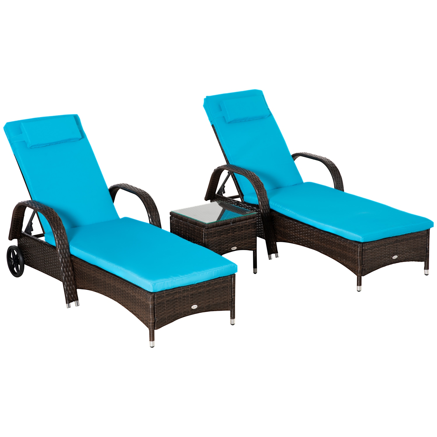 Outsunny 3 Pieces Wicker Patio Lounger Set with Table, PE Rattan Outdoor Lounge Chair Set with Cushions, Wheels, 5-Level Reclining Backrest,