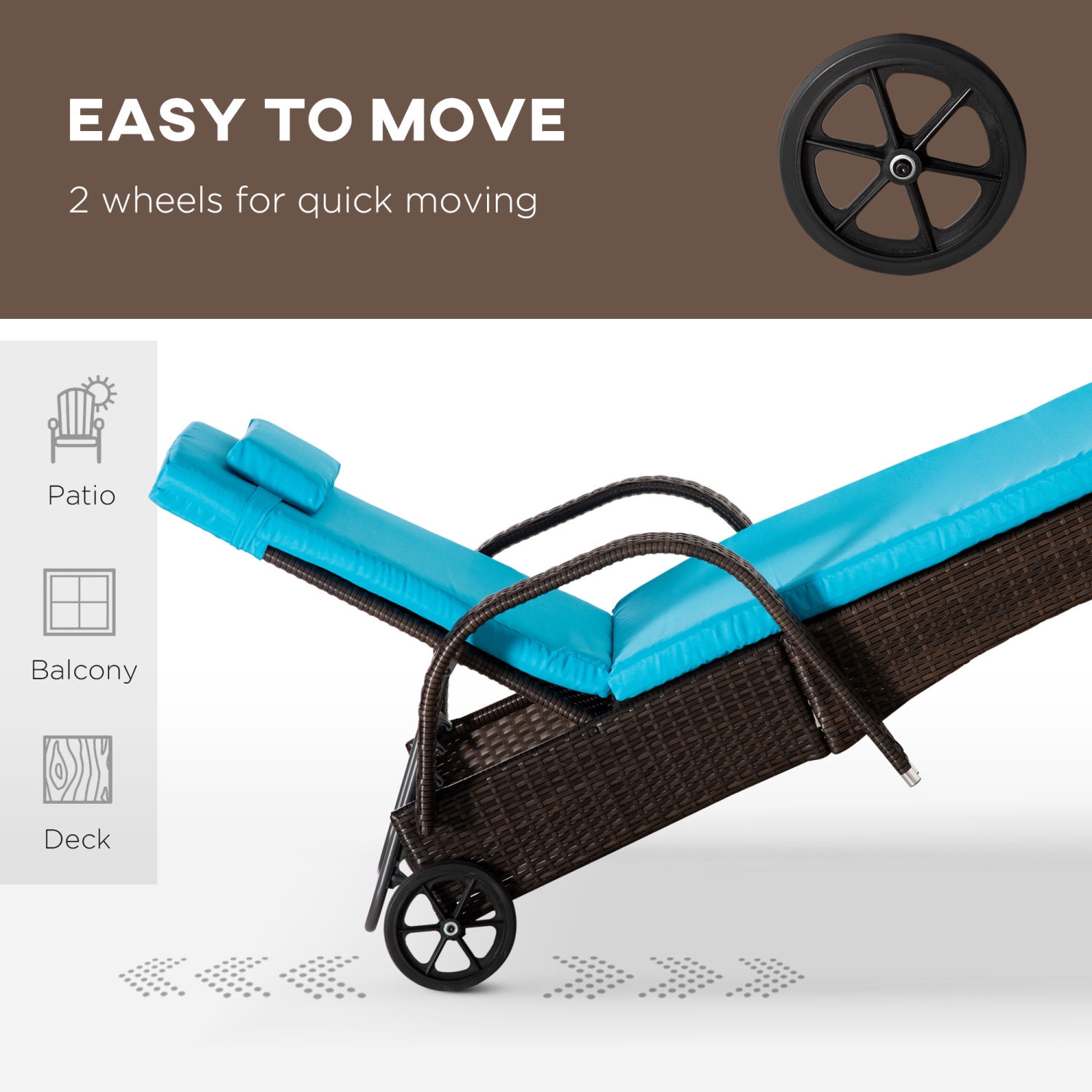 Outsunny 3 Pieces Wicker Patio Lounger Set with Table, PE Rattan Outdoor Lounge Chair Set with Cushions, Wheels, 5-Level Reclining Backrest,