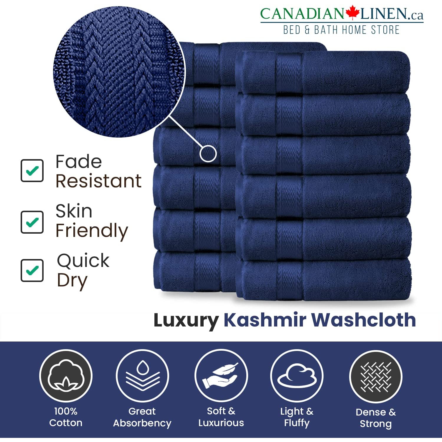 Ensemble de débarbouillettes de luxe Canadian Linen, 12 débarbouillettes de 12 x x12 po 475 GSM Aegean coton turc serviettes de salle de bain en
