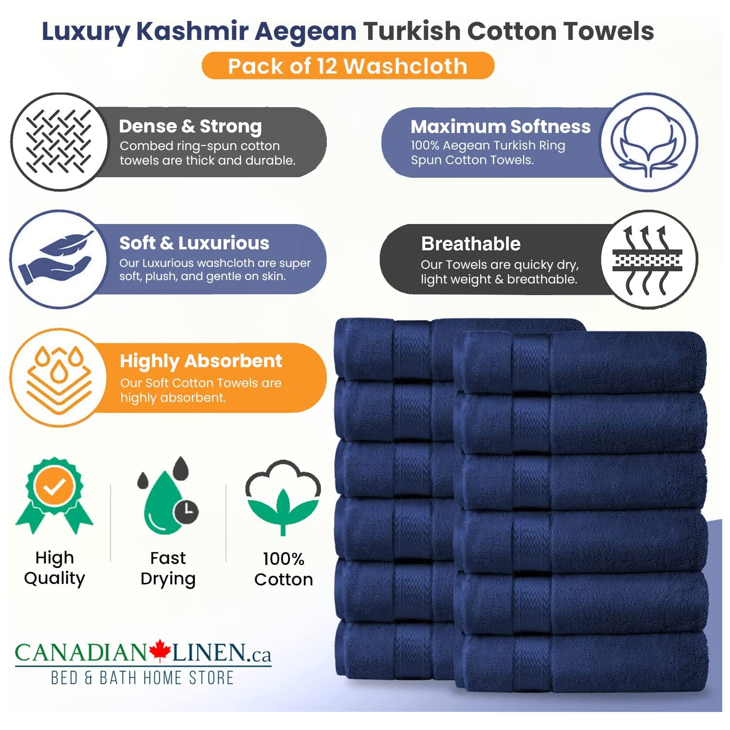 Ensemble de débarbouillettes de luxe Canadian Linen, 12 débarbouillettes de 12 x x12 po 475 GSM Aegean coton turc serviettes de salle de bain en