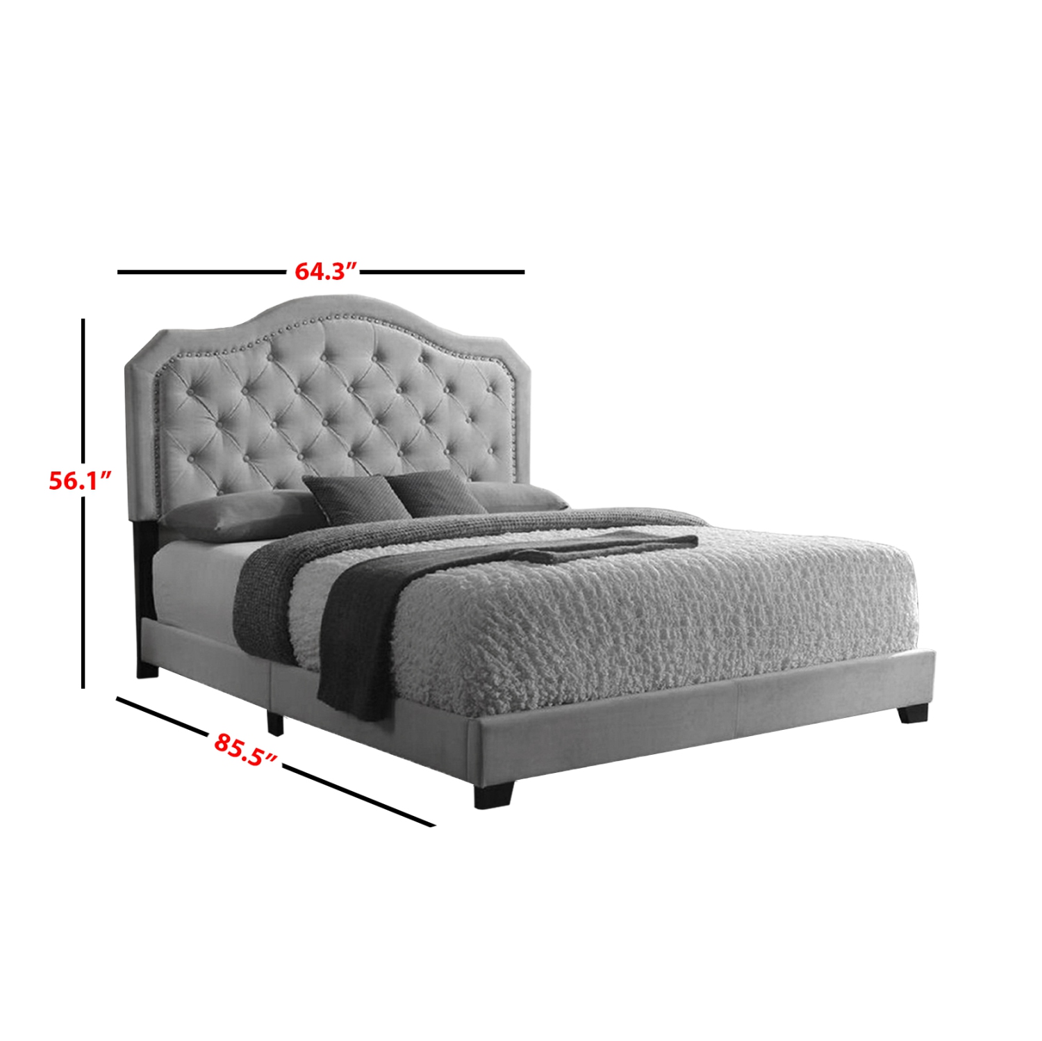 Queensons Helen Queen Size Platform Bed in Grey Velvet