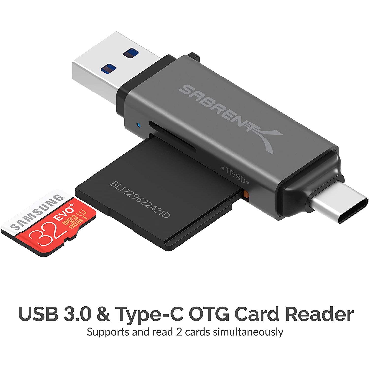 Sabrent USB 3.0 and USB Type-C OTG Card Reader Supports SD, SDHC, SDXC, MMC/MicroSD, T-Flash