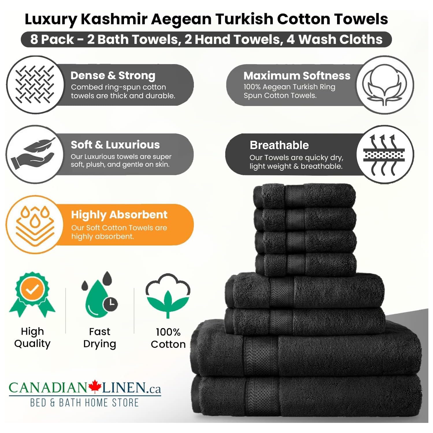 Canadian Linen Luxury Turkish Cotton Bathroom Towel Set 8 Pack 2 Large Bath Towels, 2 Hand Towels, 4 Washcloth Soft Absorbent Quick Dry Spa Shower