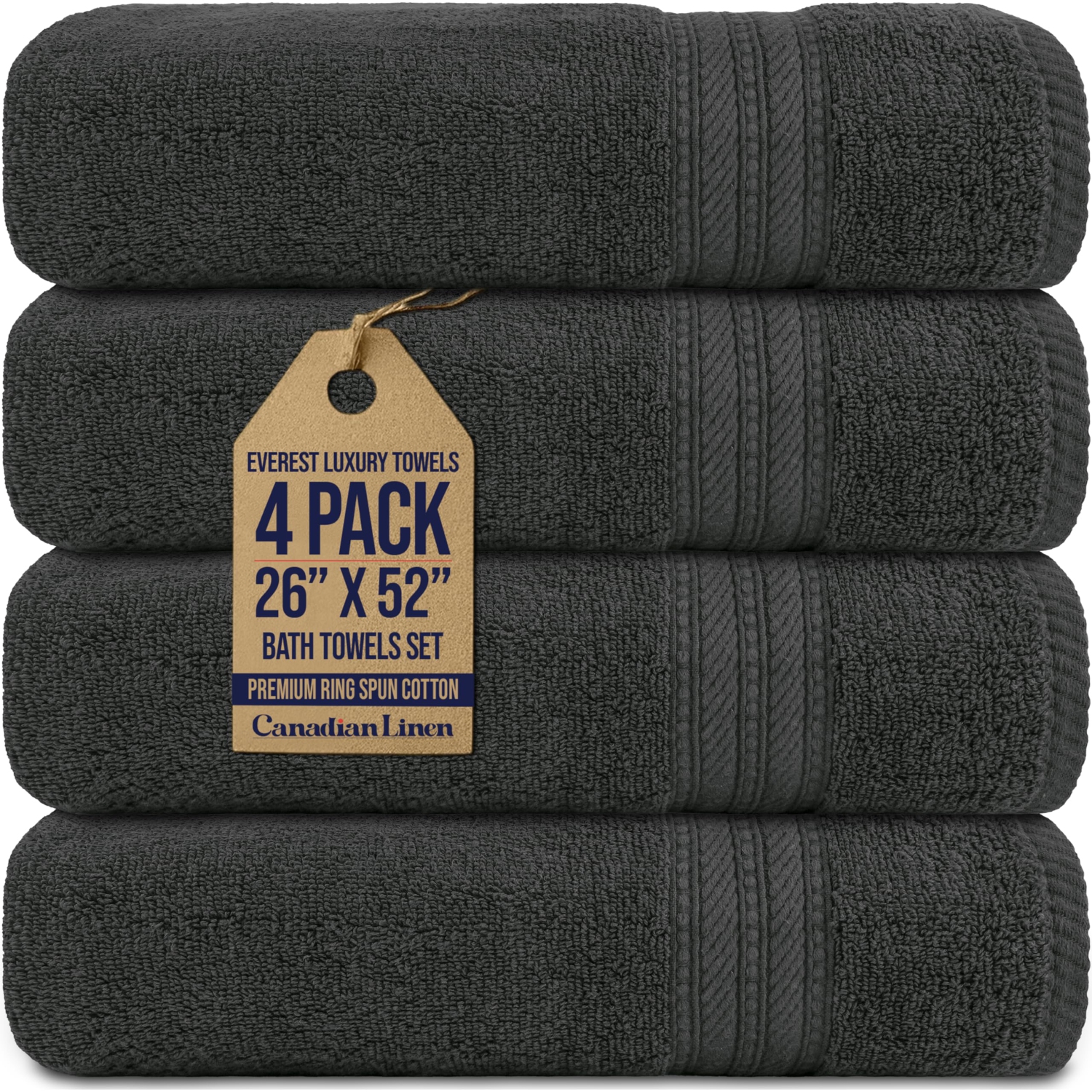 Canadian Linen Everest Luxury Bath Towels, 26”x52”, 4 Pack, Soft Absorbent Lightweight 100% Cotton Quick Dry Towels for Hotels, Hair Salons, Dark Grey