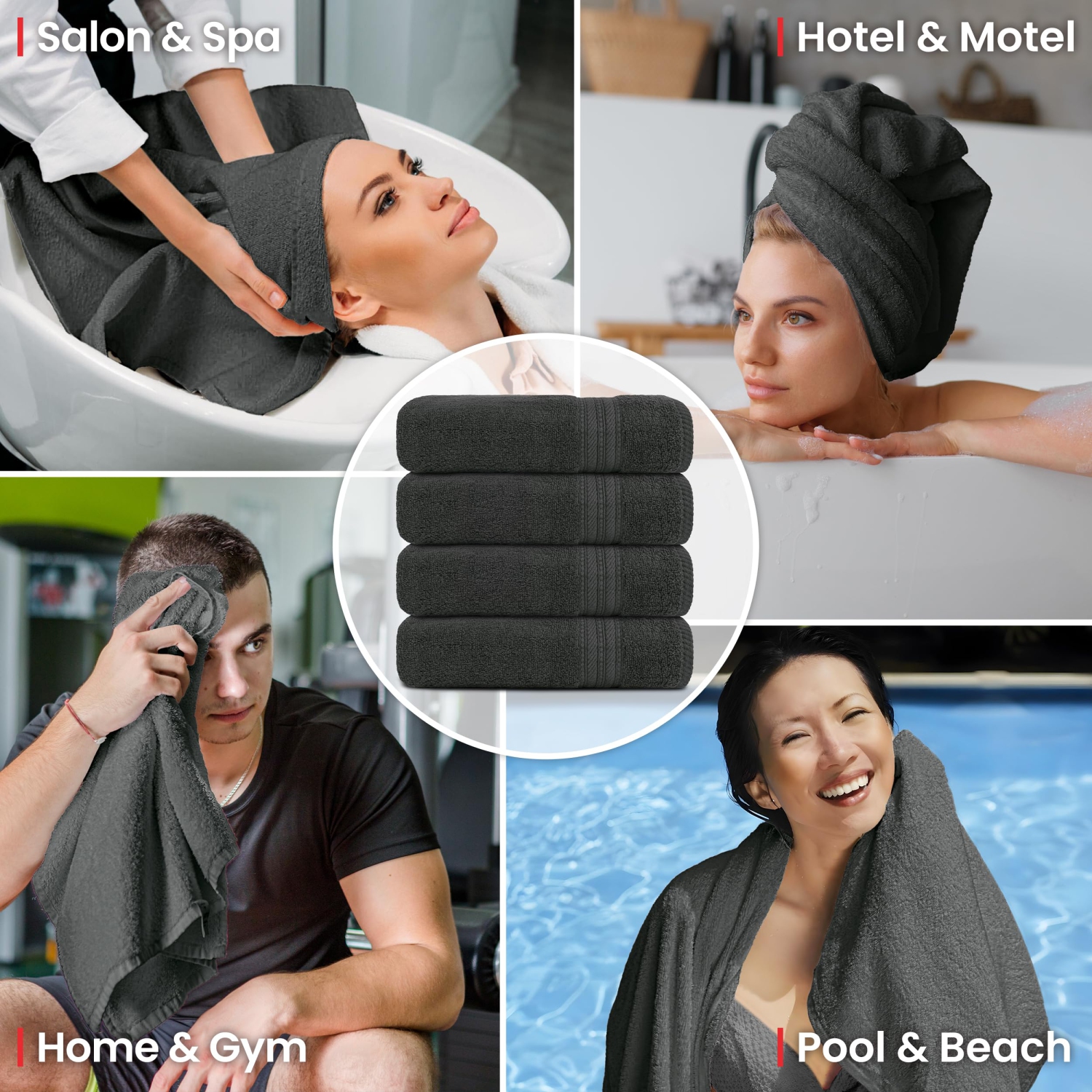 Canadian Linen Everest Luxury Bath Towels, 26”x52”, 4 Pack, Soft Absorbent Lightweight 100% Cotton Quick Dry Towels for Hotels, Hair Salons, Dark Grey