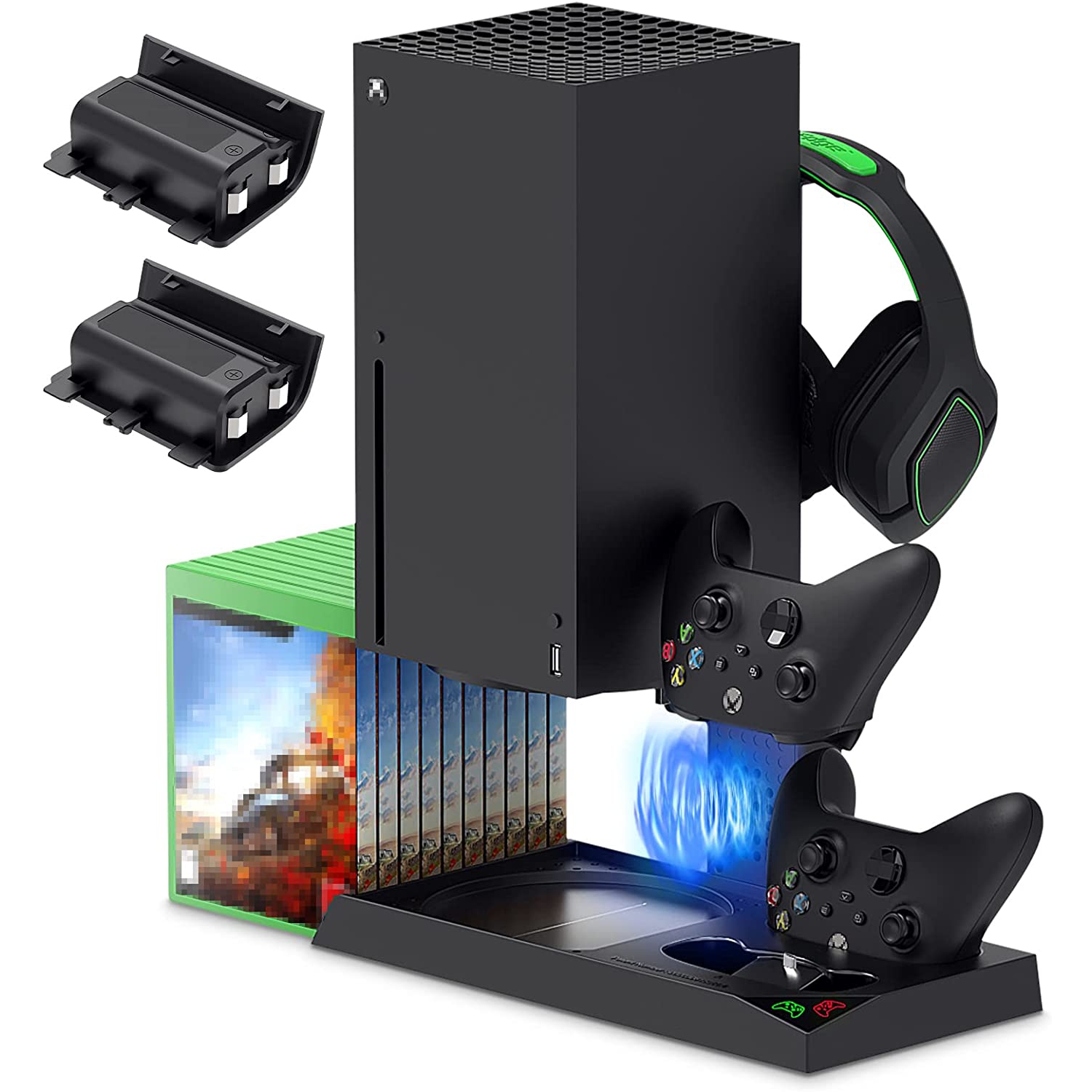 Vertical Cooling Stand Compatible with Xbox Series X with Cooling Fan, Cooling Station Dock with 10 Game Storage Organizer, Controller & Headphone Holder, 2X1400 mAh Rechargeable Battery Packs
