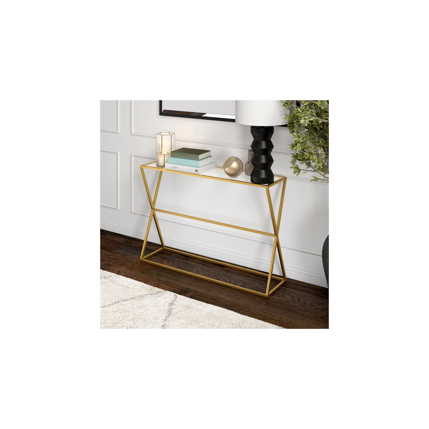 Henn&Hart 45" Brass Finish Metal/Glass Console Table