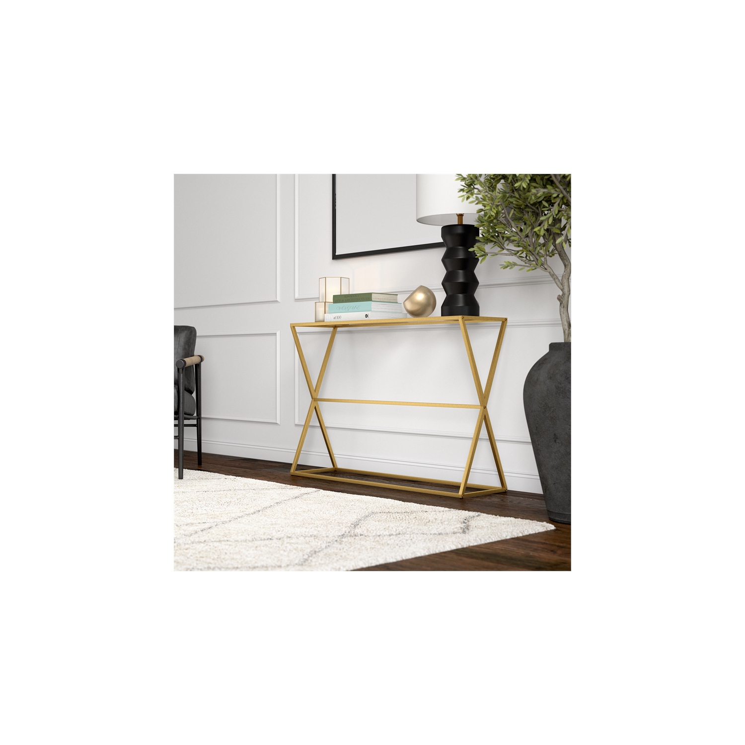 Henn&Hart 45" Brass Finish Metal/Glass Console Table