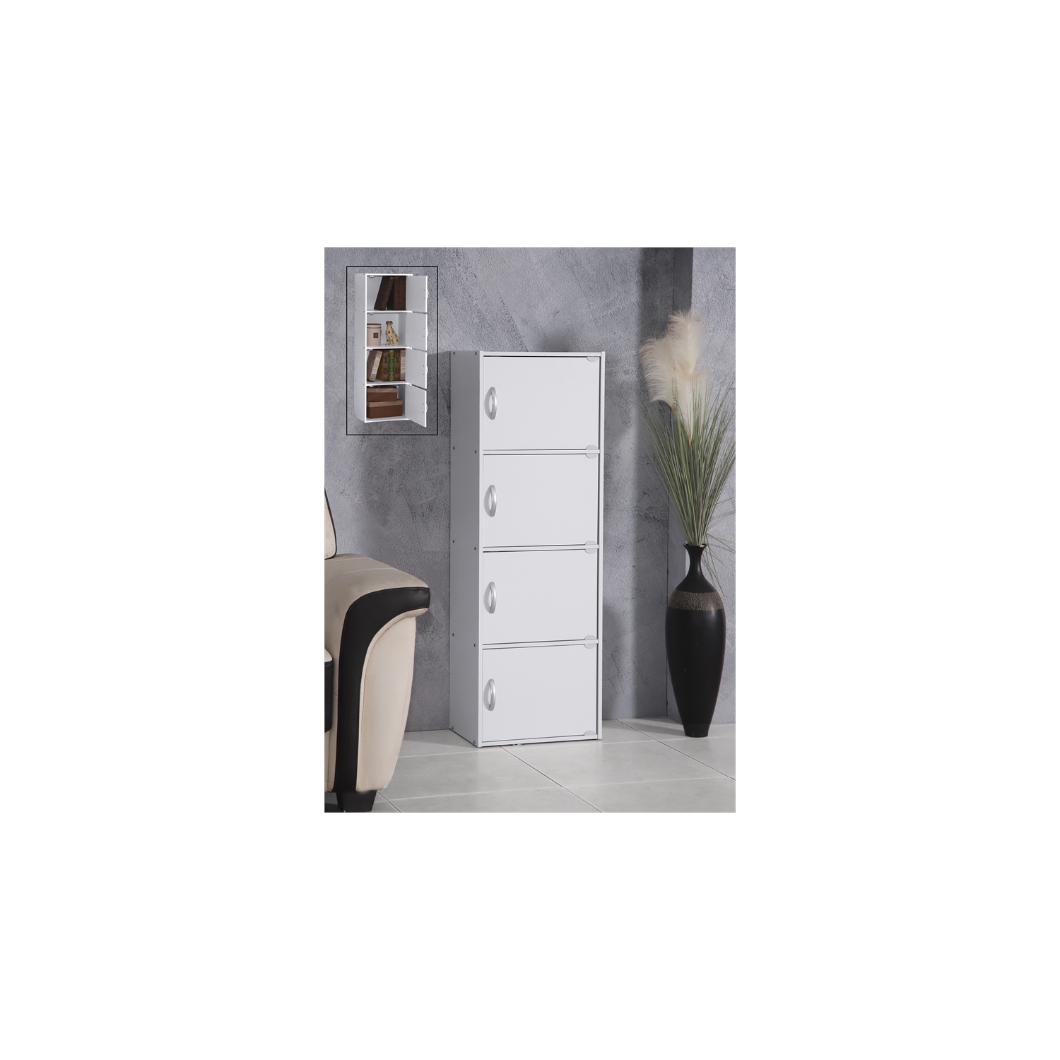 Hodedah 4 Shelf 4 Door Multi-Purpose Wooden Bookcase in White Finish