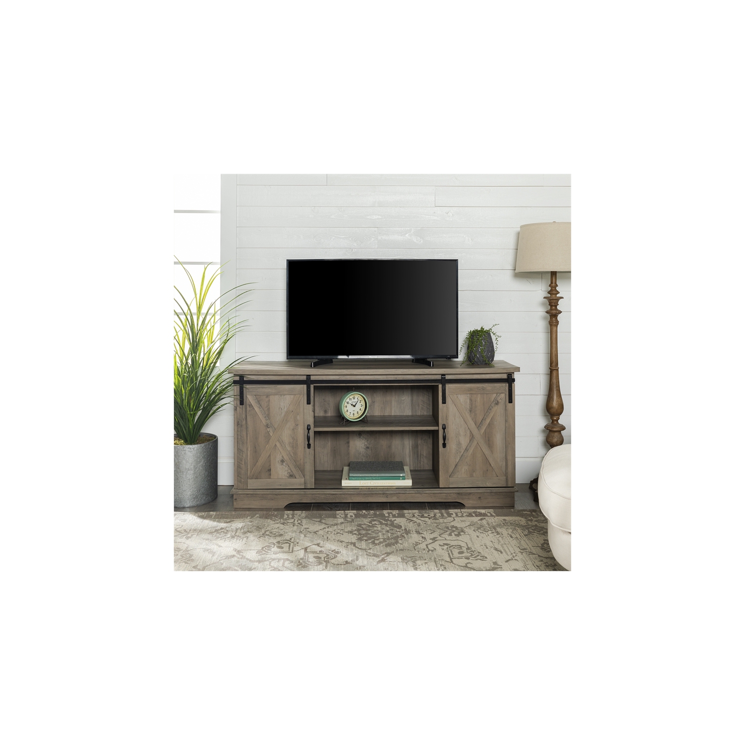 Pemberly Row 58" Sliding Door TV Stand in Gray Wash