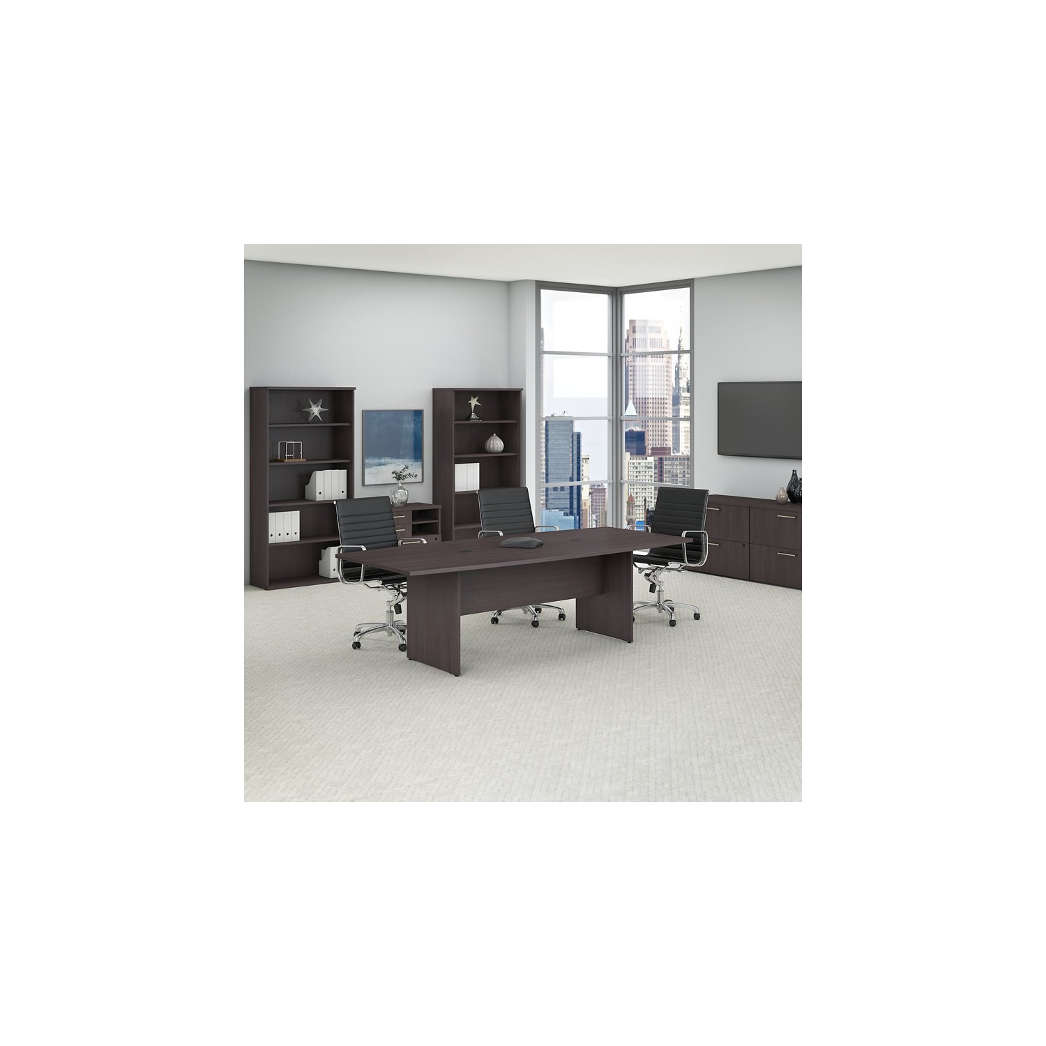 Atlin Design Boat Shaped Conference Table with Wood Base in Storm Gray