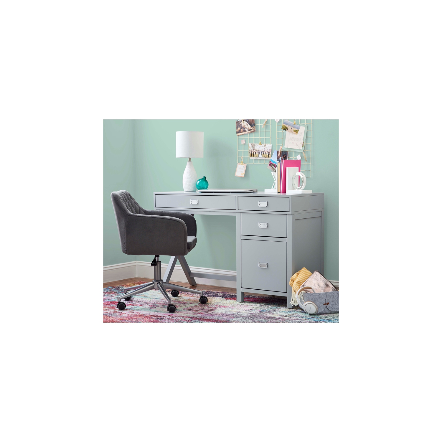 Linon Peggy Side Storage Wood Desk in Gray