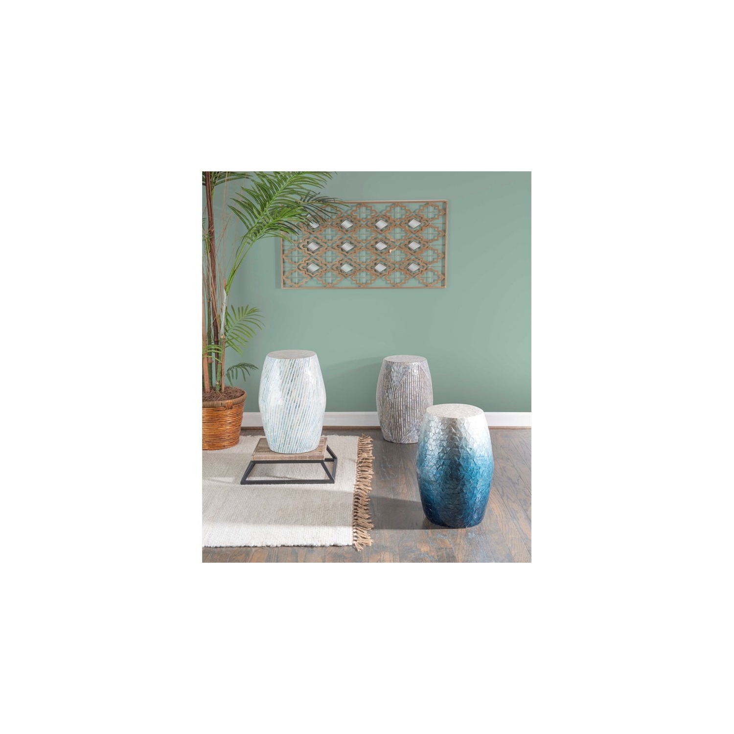 Linon Westly Mosaic Capiz Wood Drum Table in Light Blue