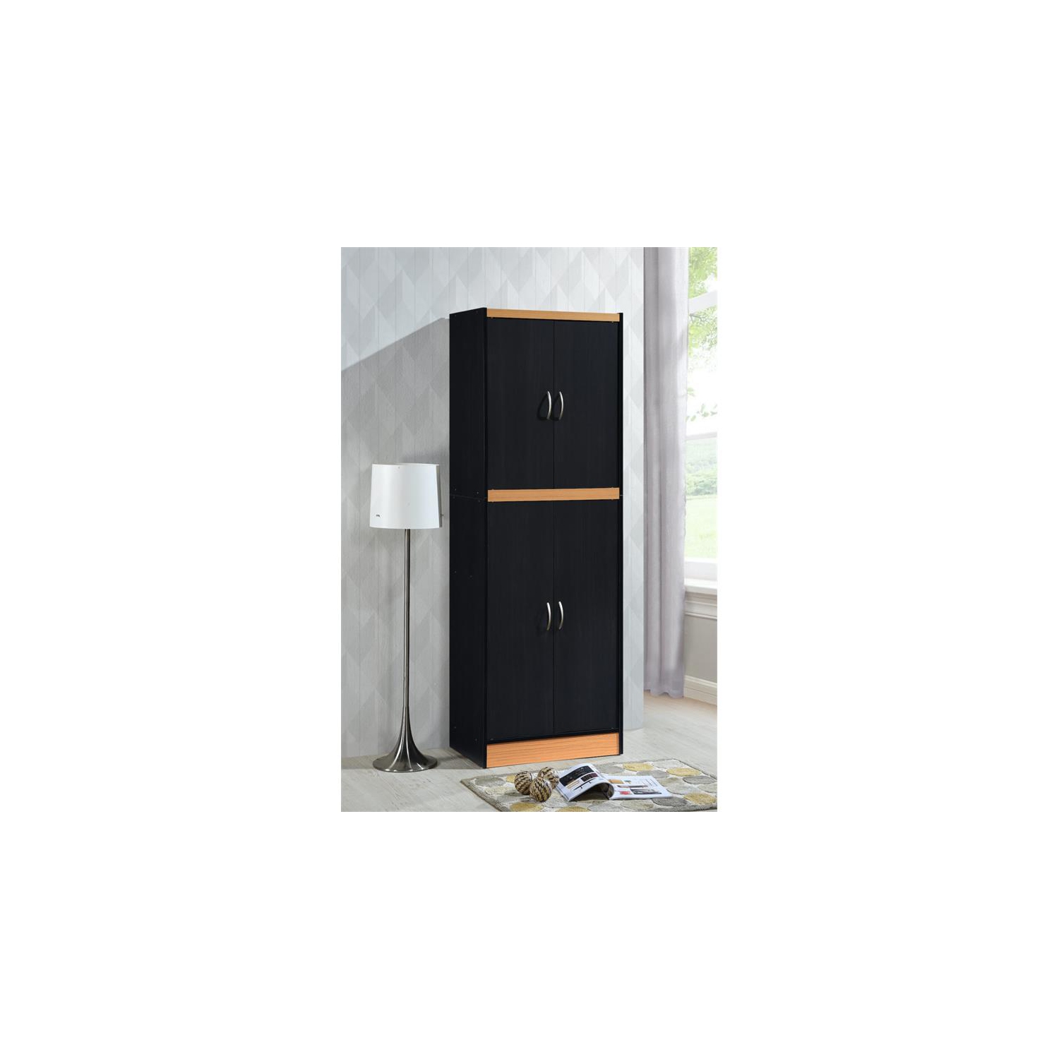 Hodedah 4 Door Kitchen Pantry with 4 Shelves 5 Compartments in Black-Beige Wood