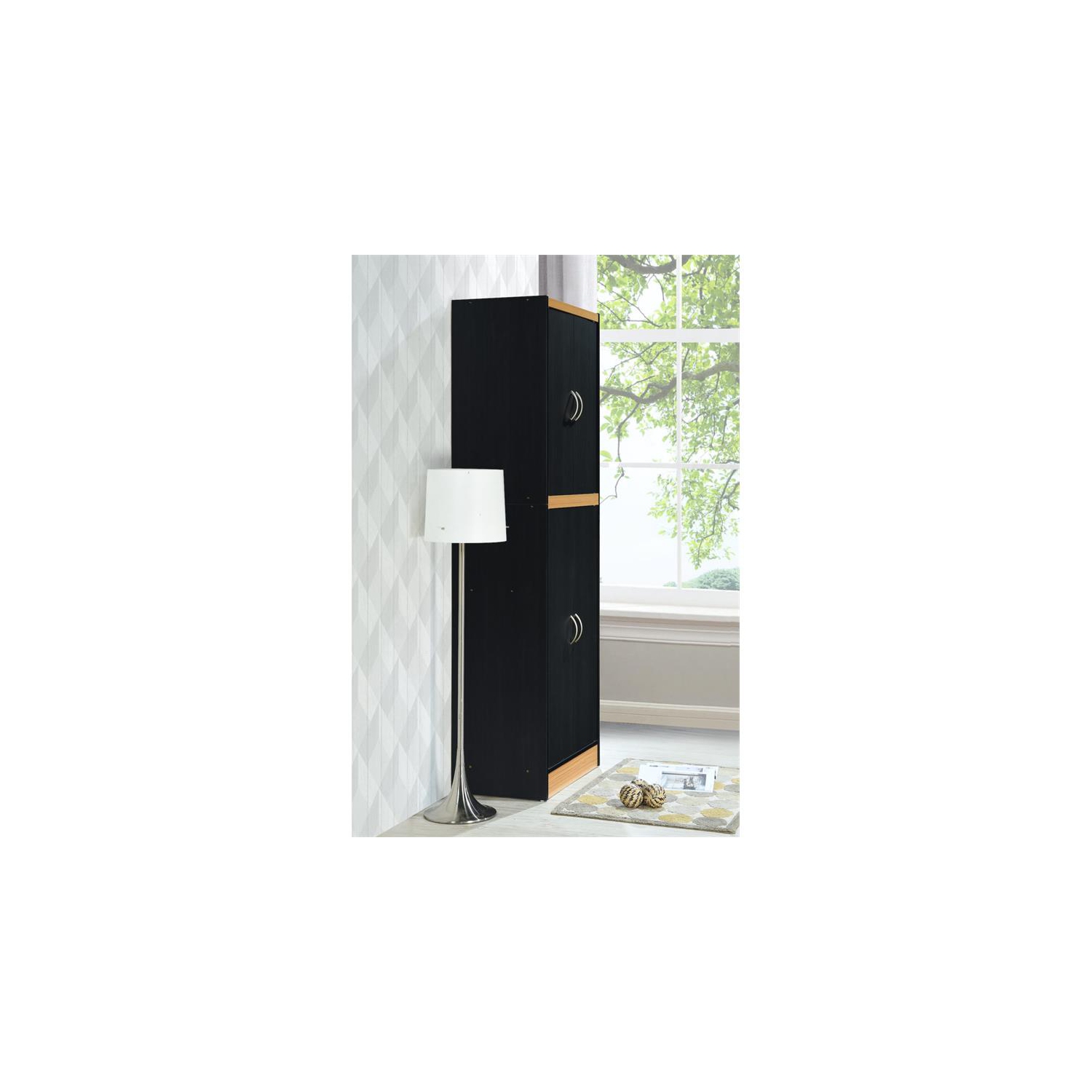 Hodedah 4 Door Kitchen Pantry with 4 Shelves 5 Compartments in Black-Beige Wood