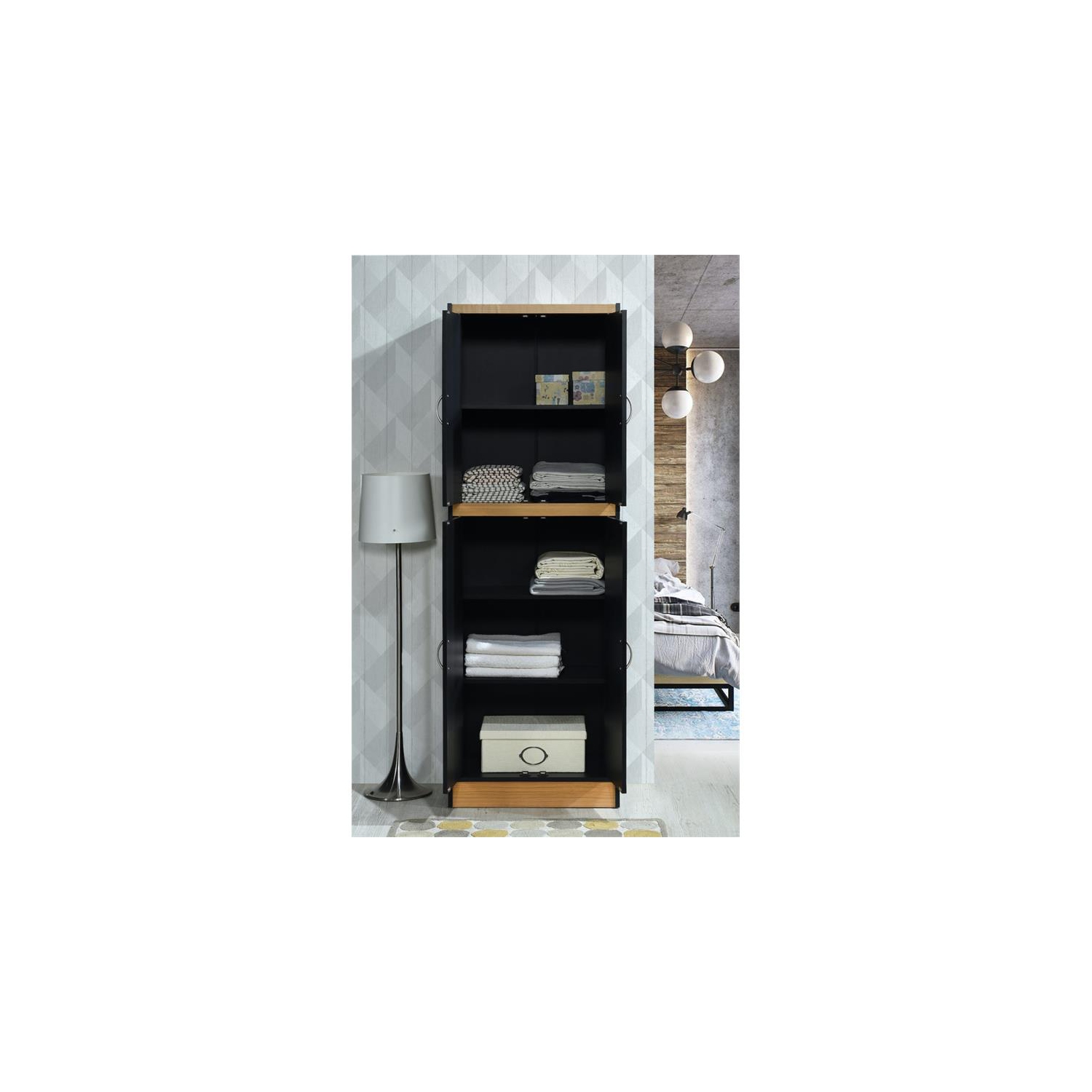 Hodedah 4 Door Kitchen Pantry with 4 Shelves 5 Compartments in Black-Beige Wood