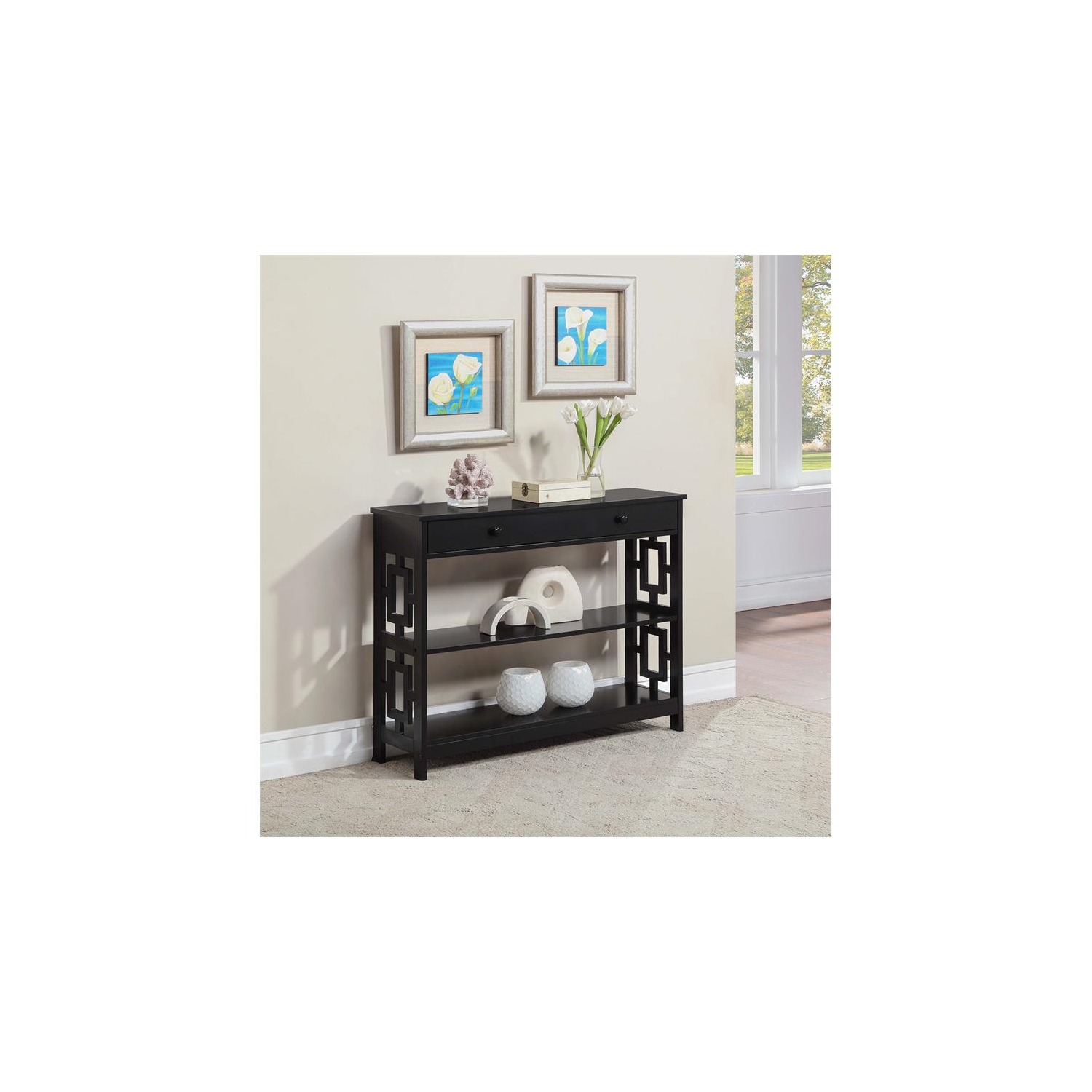 Pemberly Row Contemporary One-Drawer Console Table in Black Wood Finish