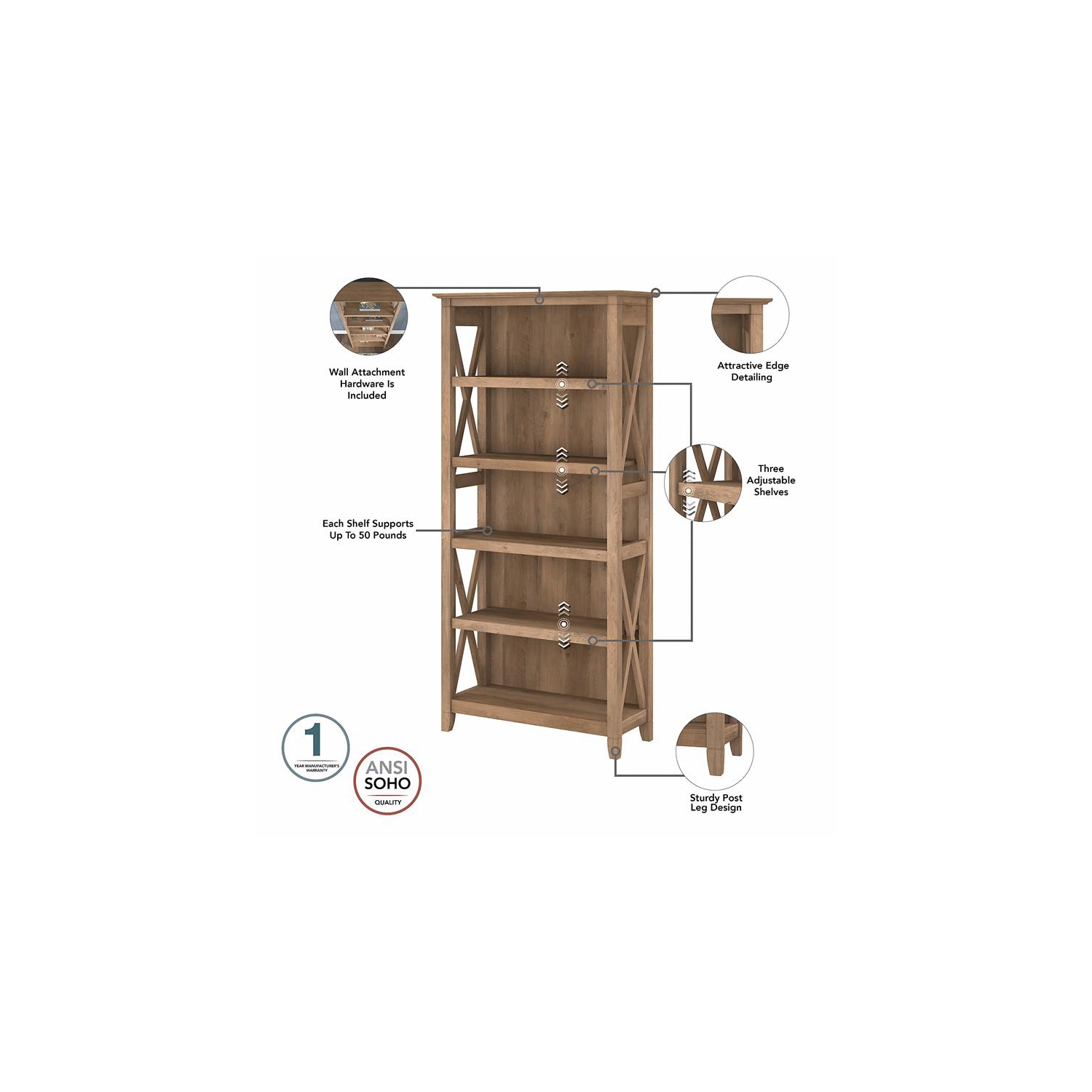 Bowery Hill Coastal Tall 5 Shelf Bookcase in Reclaimed Pine - Engineered Wood