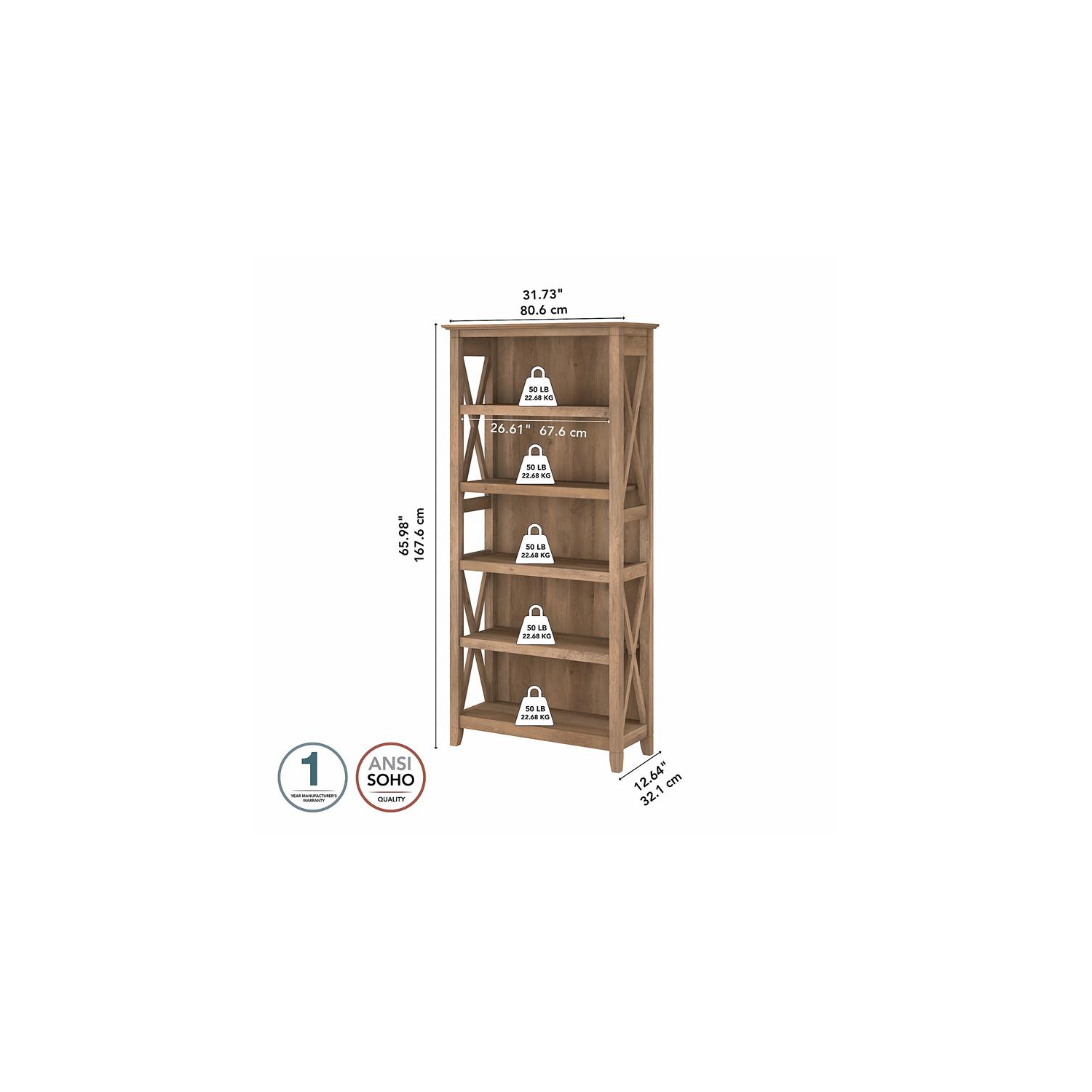 Bowery Hill Coastal Tall 5 Shelf Bookcase in Reclaimed Pine - Engineered Wood