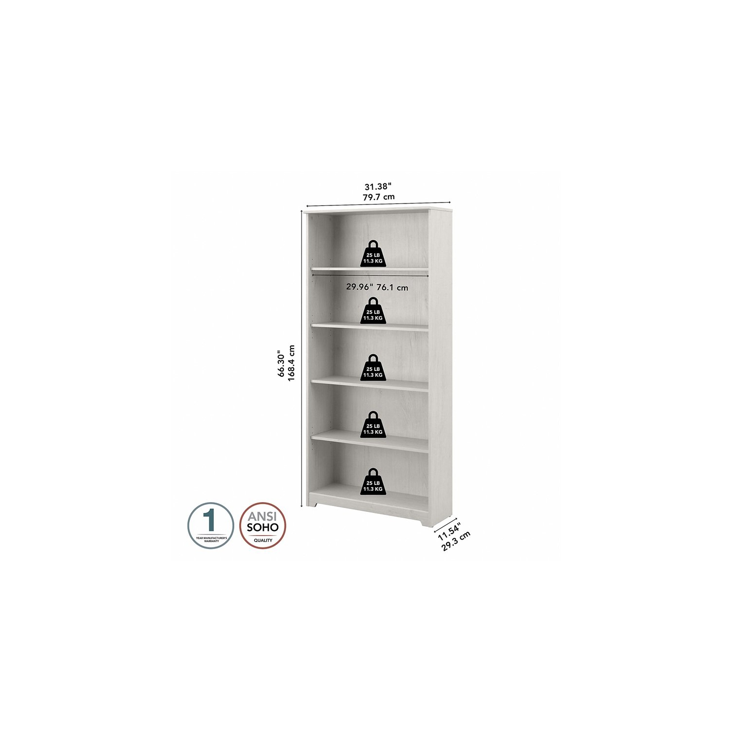 Bowery Hill 5 Shelf Tall Bookcase in Linen White Oak - Engineered Wood